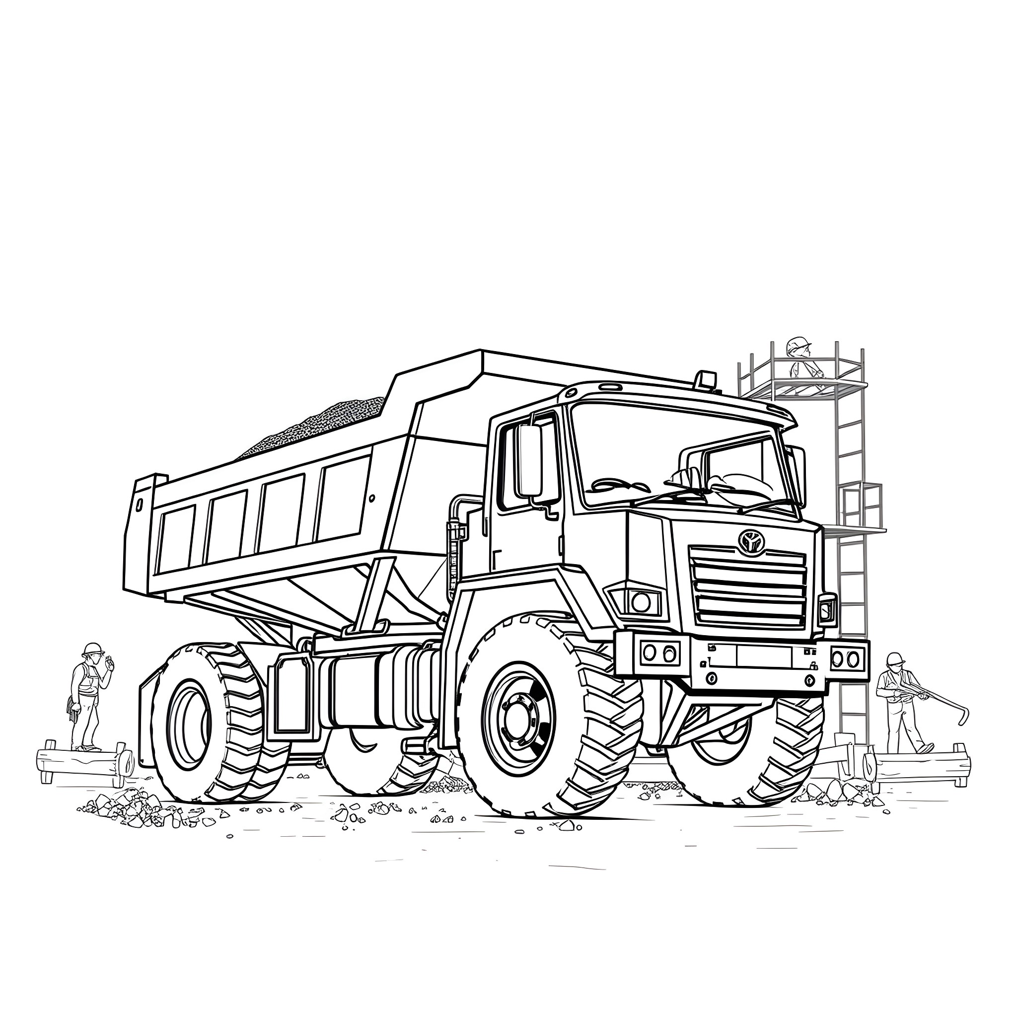 Dumper truck transporting materials on a construction site Coloring Page (free black-and-white line drawing printable PDF for all, from beginners to advanced learners, including children, teens, adults, and seniors)