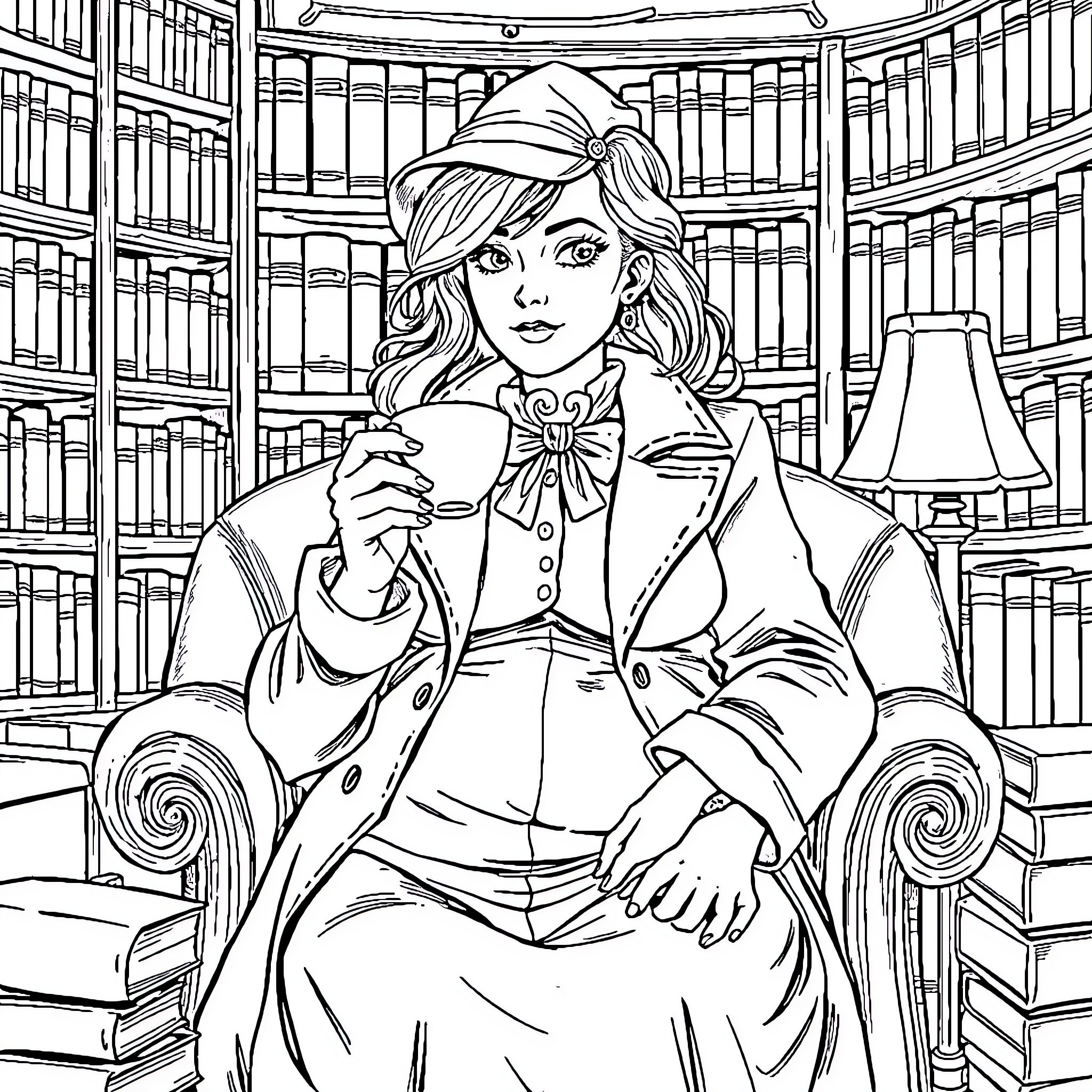 Detective Enjoys Afternoon Tea in Vintage Library Coloring Page (free black-and-white line drawing printable PDF for all, from beginners to advanced learners, including children, teens, adults, and seniors)