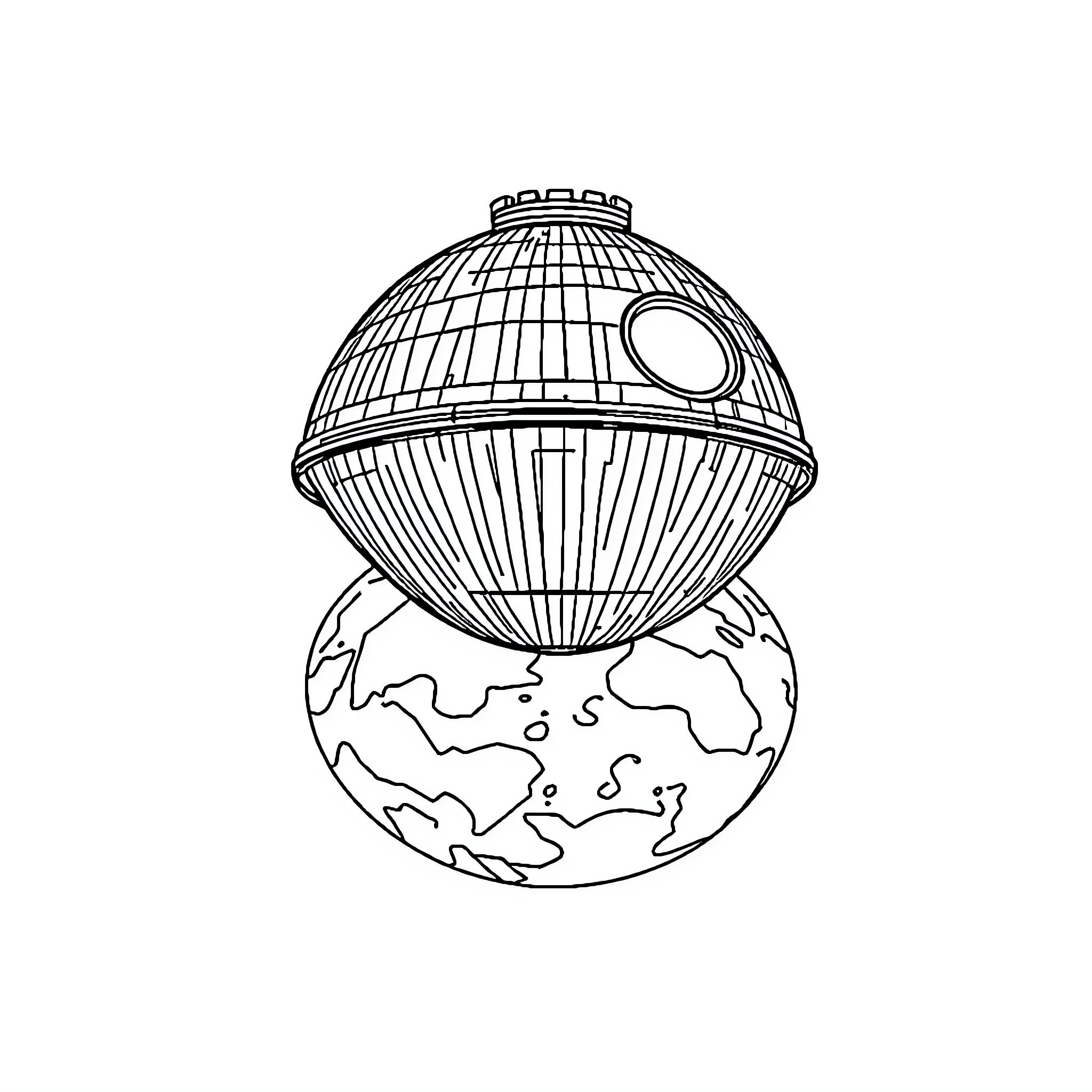 Death Star hovering over planet Coloring Page (free black-and-white line drawing printable PDF for all, from beginners to advanced learners, including children, teens, adults, and seniors)