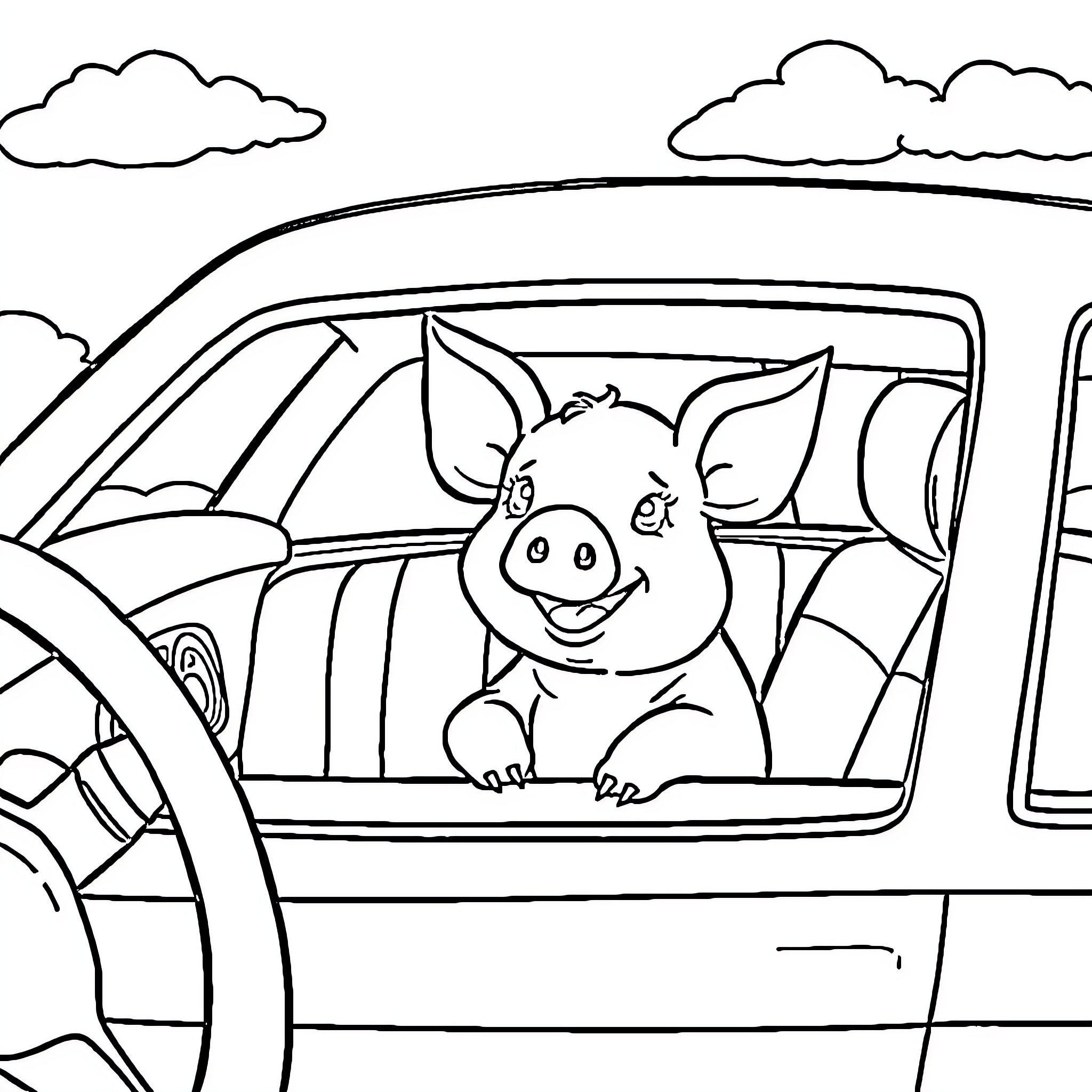 Pig driving happily in a car Coloring Page (free black-and-white line drawing printable PDF for all, from beginners to advanced learners, including children, teens, adults, and seniors)