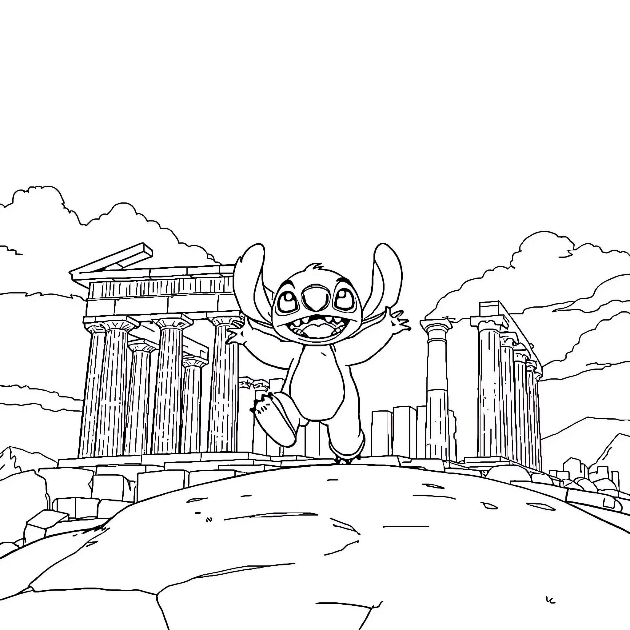 Stitch exploring ancient Greek ruins Coloring Page (free black-and-white line drawing printable PDF for all, from beginners to advanced learners, including children, teens, adults, and seniors)
