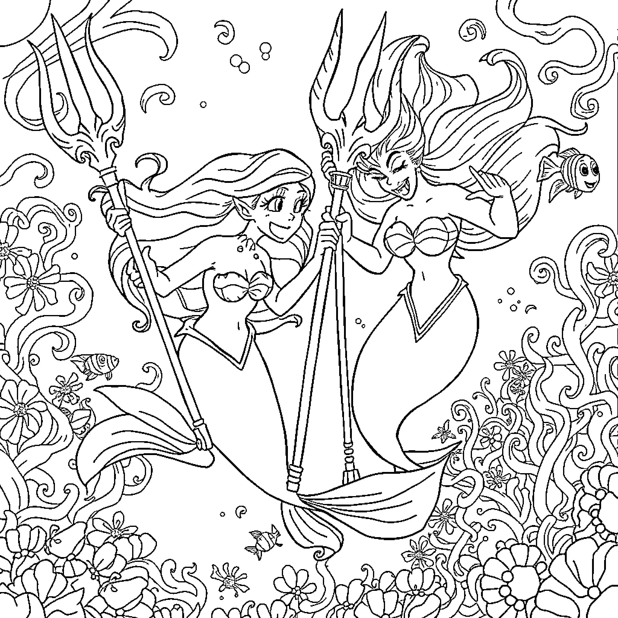 Ariel's underwater adventure with friends Coloring Page (free black-and-white line drawing printable PDF for all, from beginners to advanced learners, including children, teens, adults, and seniors)