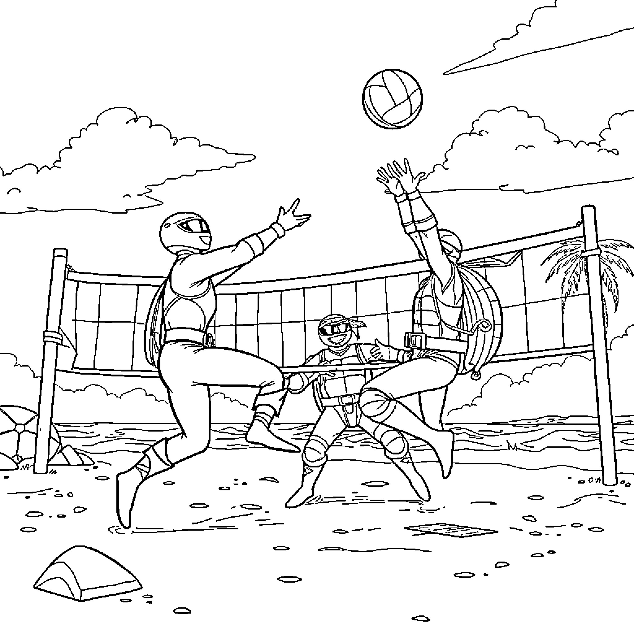 Power Rangers playing beach volleyball in action Coloring Page (free black-and-white line drawing printable PDF for all, from beginners to advanced learners, including children, teens, adults, and seniors)