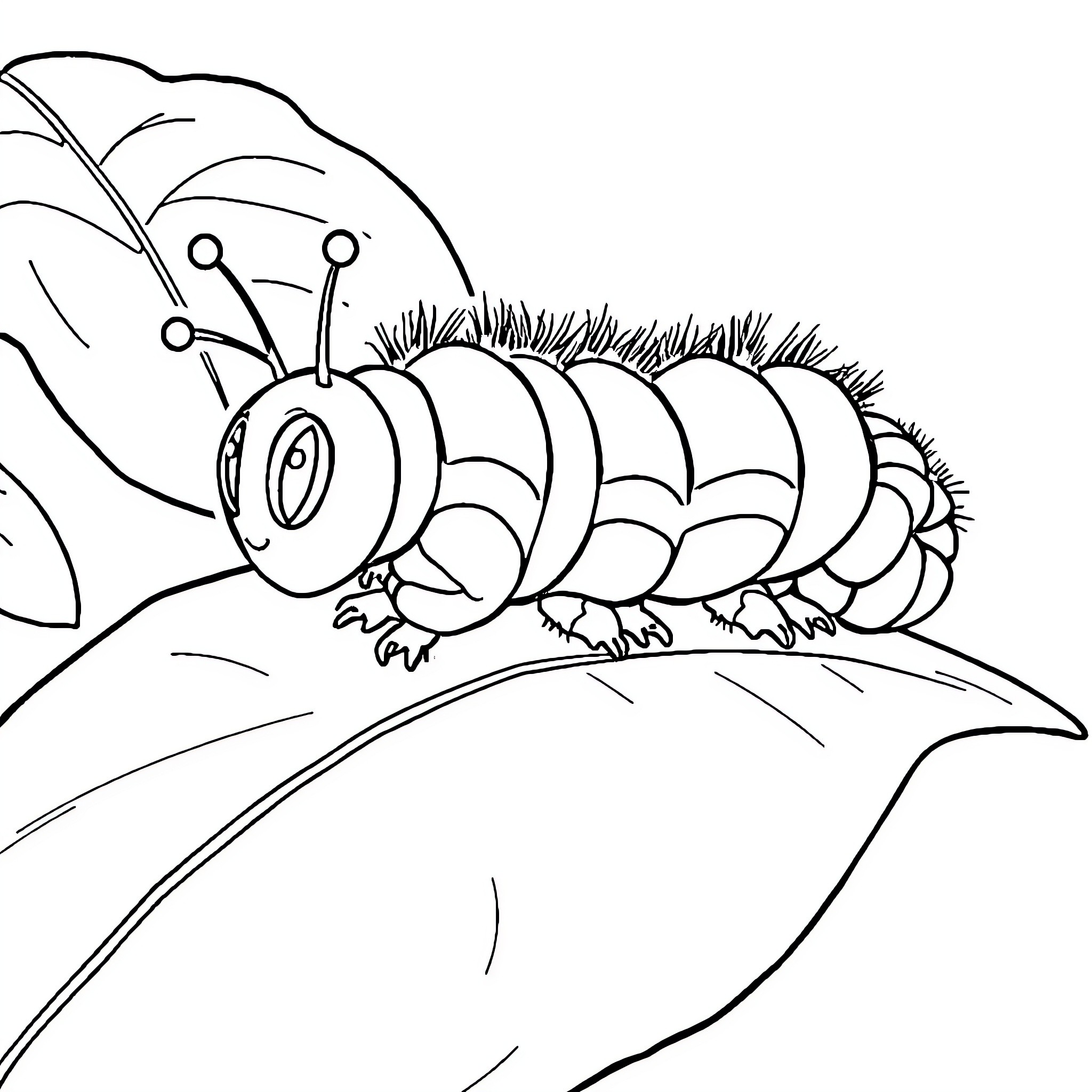 Caterpillar crawling on a leaf Coloring Page (free black-and-white line drawing printable PDF for all, from beginners to advanced learners, including children, teens, adults, and seniors)