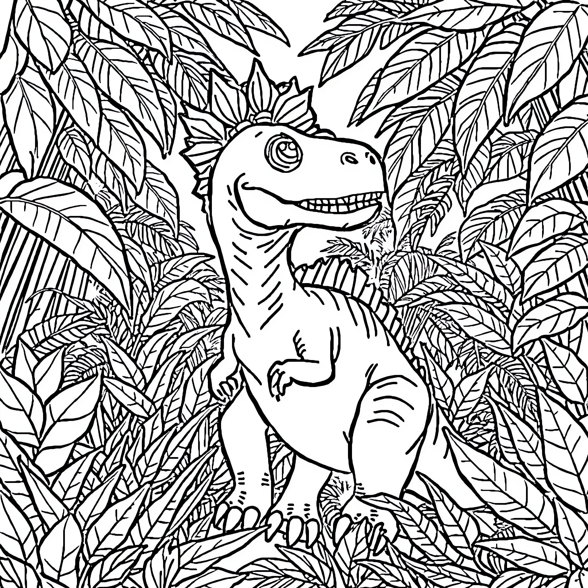 Dinosaur Exploring Lush Jungle Foliage Coloring Page (free black-and-white line drawing printable PDF for all, from beginners to advanced learners, including children, teens, adults, and seniors)