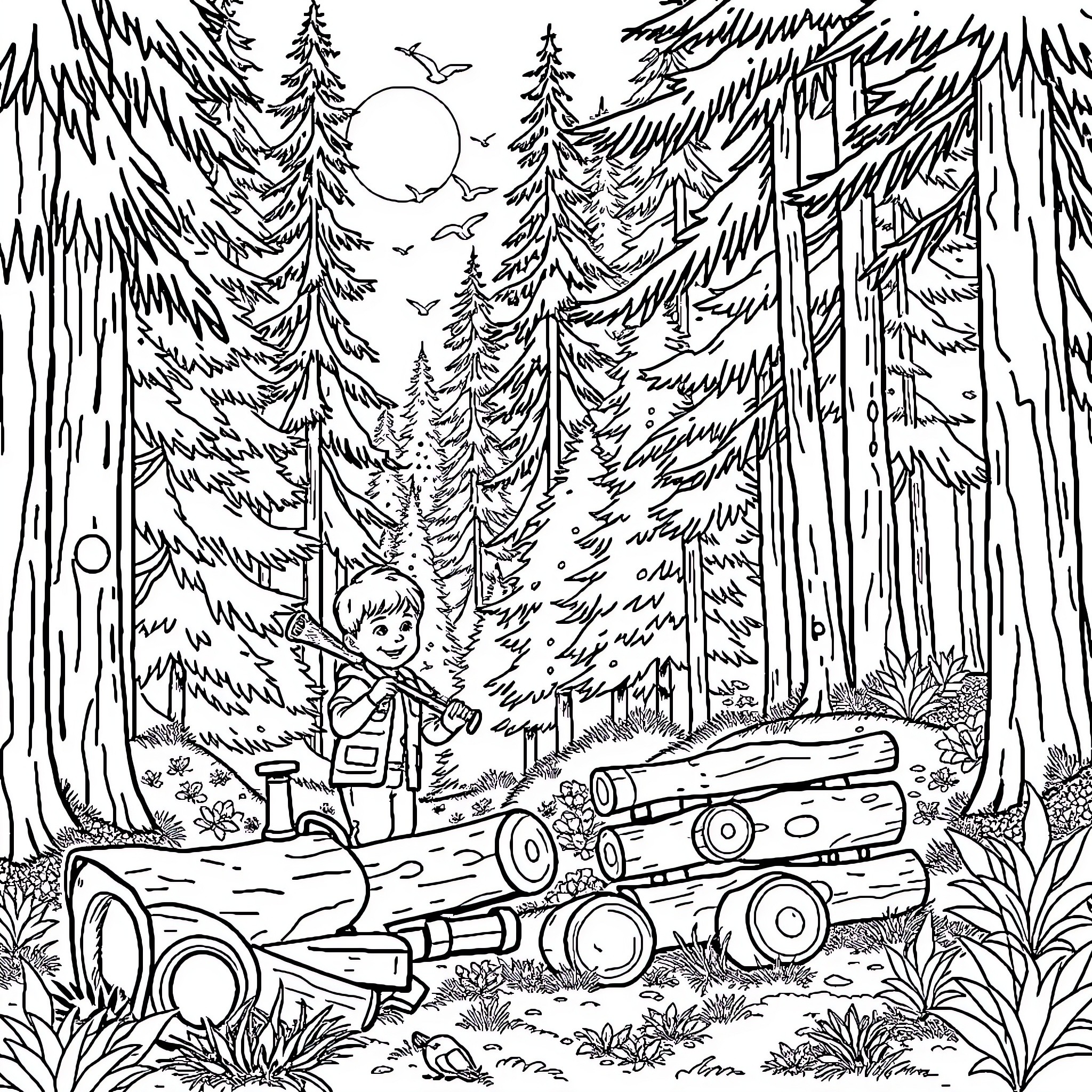 Dad exploring the enchanted forest with his tools Coloring Page (free black-and-white line drawing printable PDF for all, from beginners to advanced learners, including children, teens, adults, and seniors)