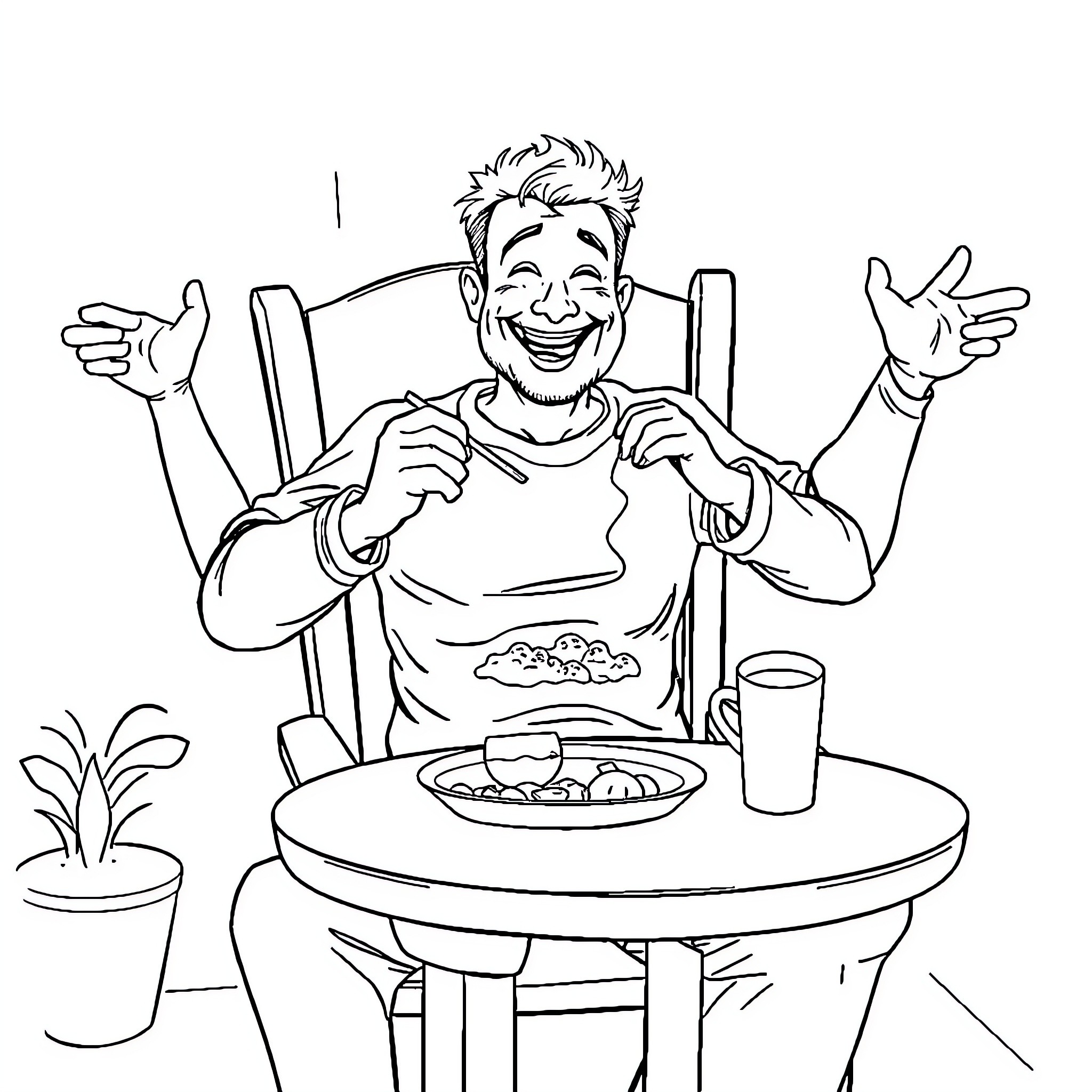 Man Enjoying a Hearty Meal at the Table Coloring Page (free black-and-white line drawing printable PDF for all, from beginners to advanced learners, including children, teens, adults, and seniors)