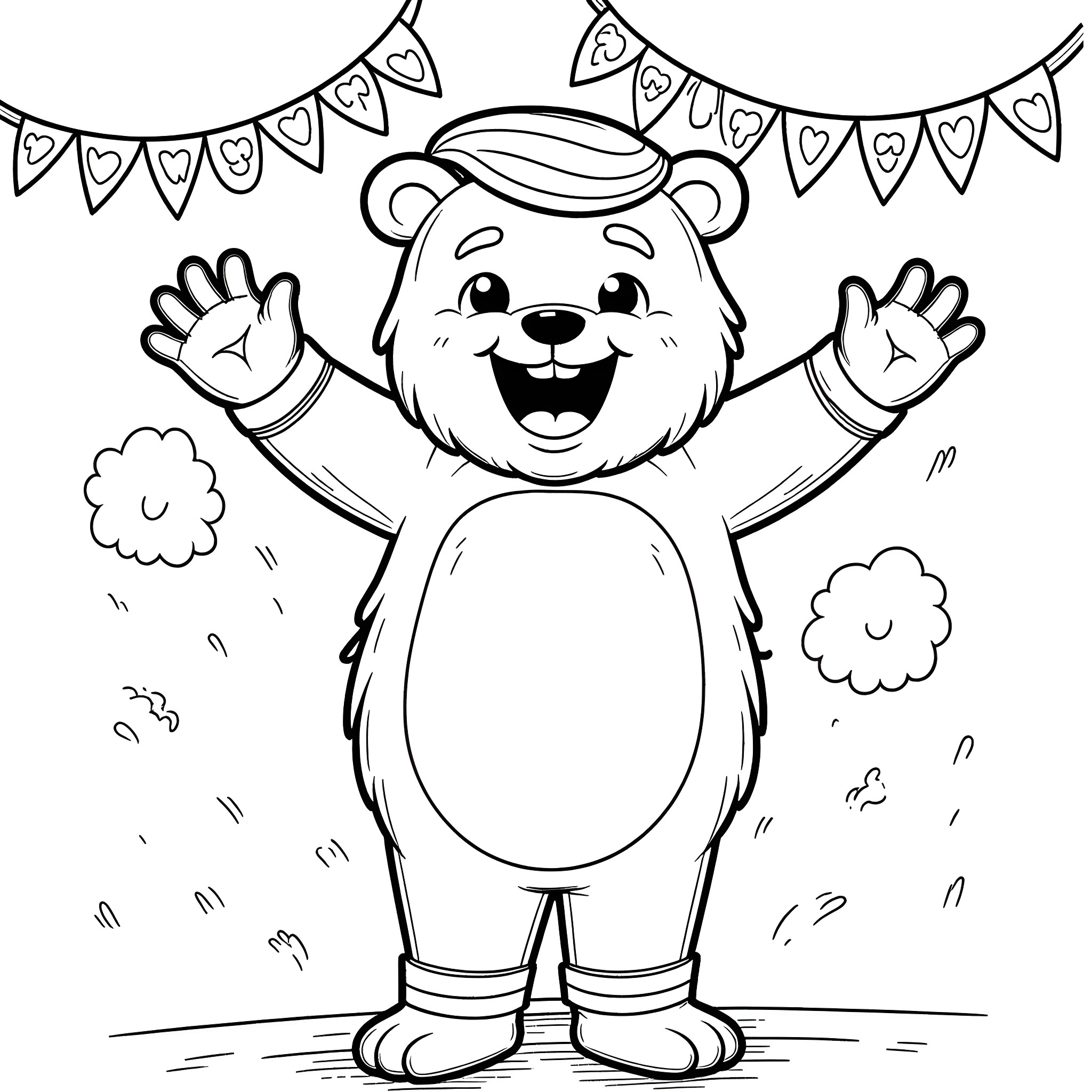 Donald Trump Teddy Bear Celebrating at Party Coloring Page (free black-and-white line drawing printable PDF for all, from beginners to advanced learners, including children, teens, adults, and seniors)