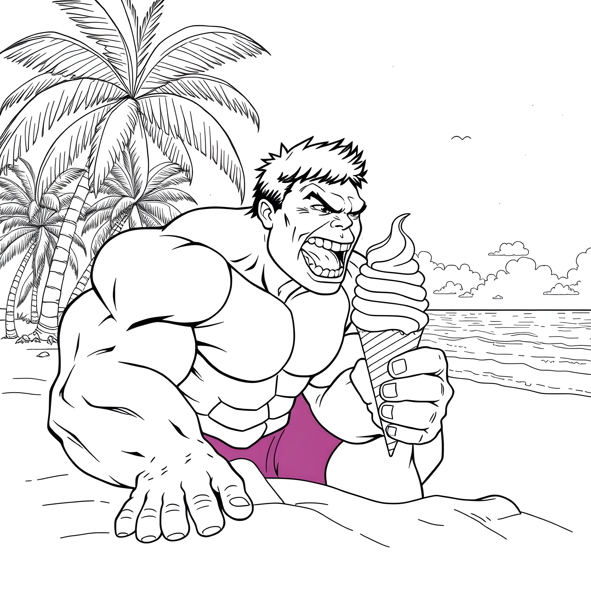 Hulk Lounging on the Beach with Ice Cream Coloring Page (free black-and-white line drawing printable PDF for all, from beginners to advanced learners, including children, teens, adults, and seniors)