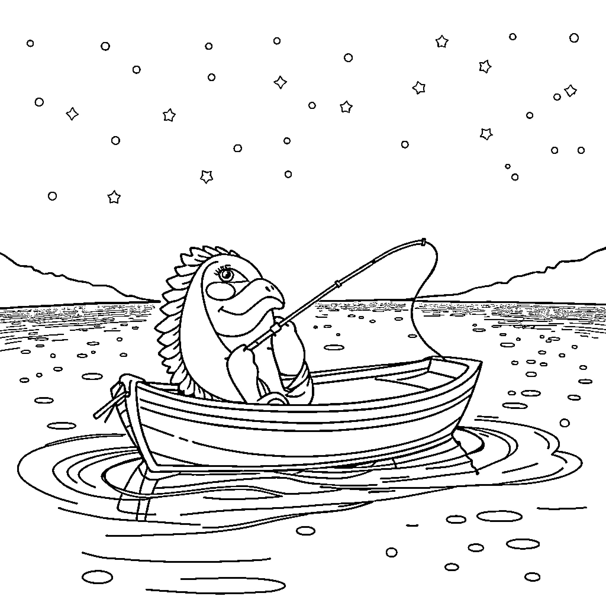 Unicorn Fish Fishing in Boat under Starry Sky Coloring Page (free black-and-white line drawing printable PDF for all, from beginners to advanced learners, including children, teens, adults, and seniors)