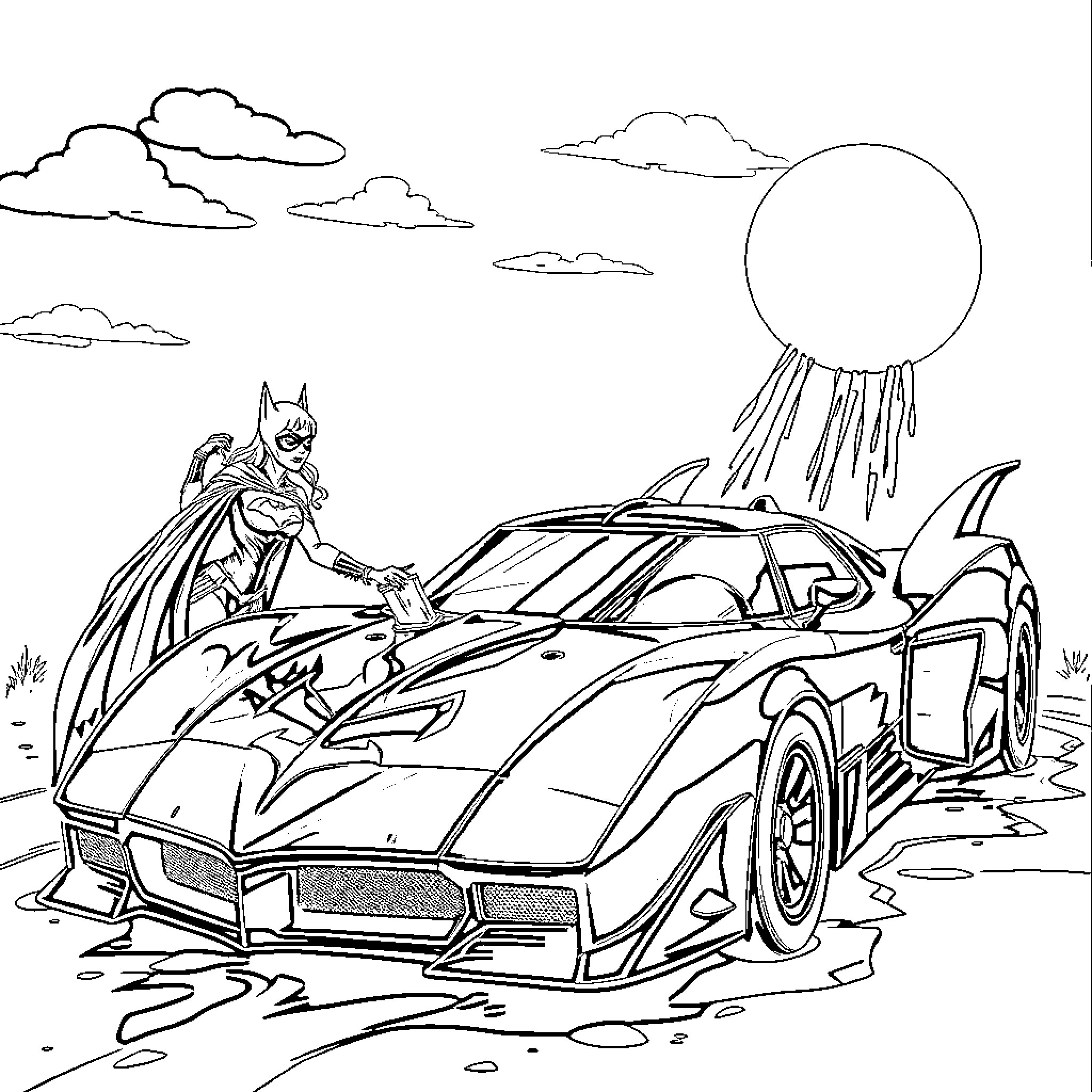Batgirl's Heroic Adventure with a Futuristic Car Coloring Page (free black-and-white line drawing printable PDF for all, from beginners to advanced learners, including children, teens, adults, and seniors)