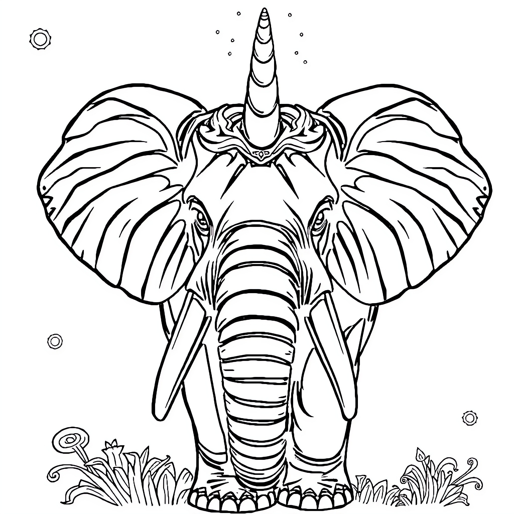 Elephant Unicorn with Whimsical Wings Coloring Page (free black-and-white line drawing printable PDF for all, from beginners to advanced learners, including children, teens, adults, and seniors)