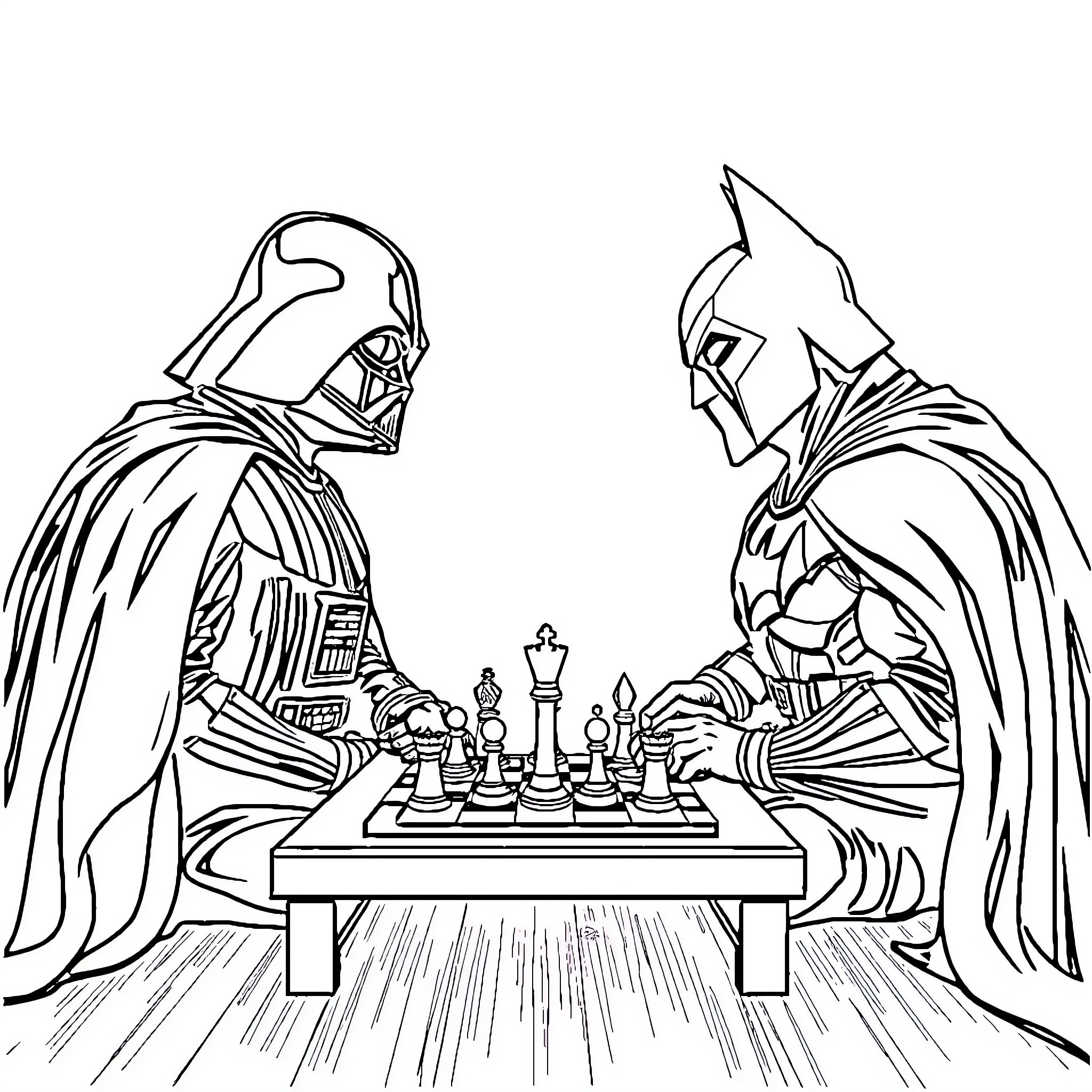 Darth Vader playing chess with Batman Coloring Page (free black-and-white line drawing printable PDF for all, from beginners to advanced learners, including children, teens, adults, and seniors)