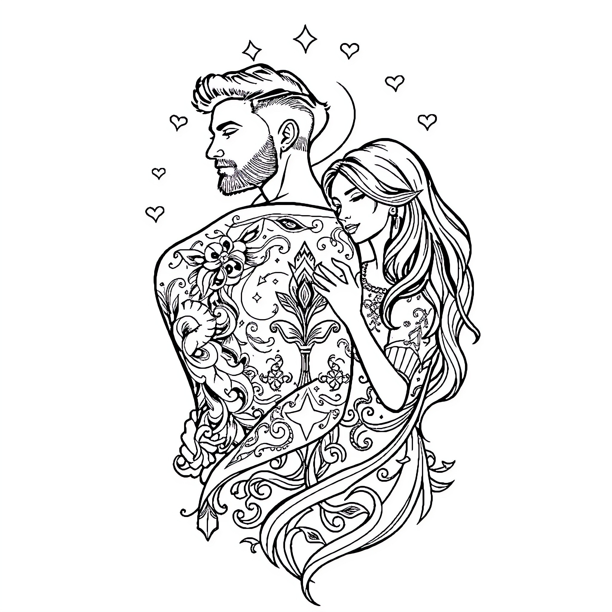 Tattoo of Romantic Couple in Elegant Attire Coloring Page (free black-and-white line drawing printable PDF for all, from beginners to advanced learners, including children, teens, adults, and seniors)