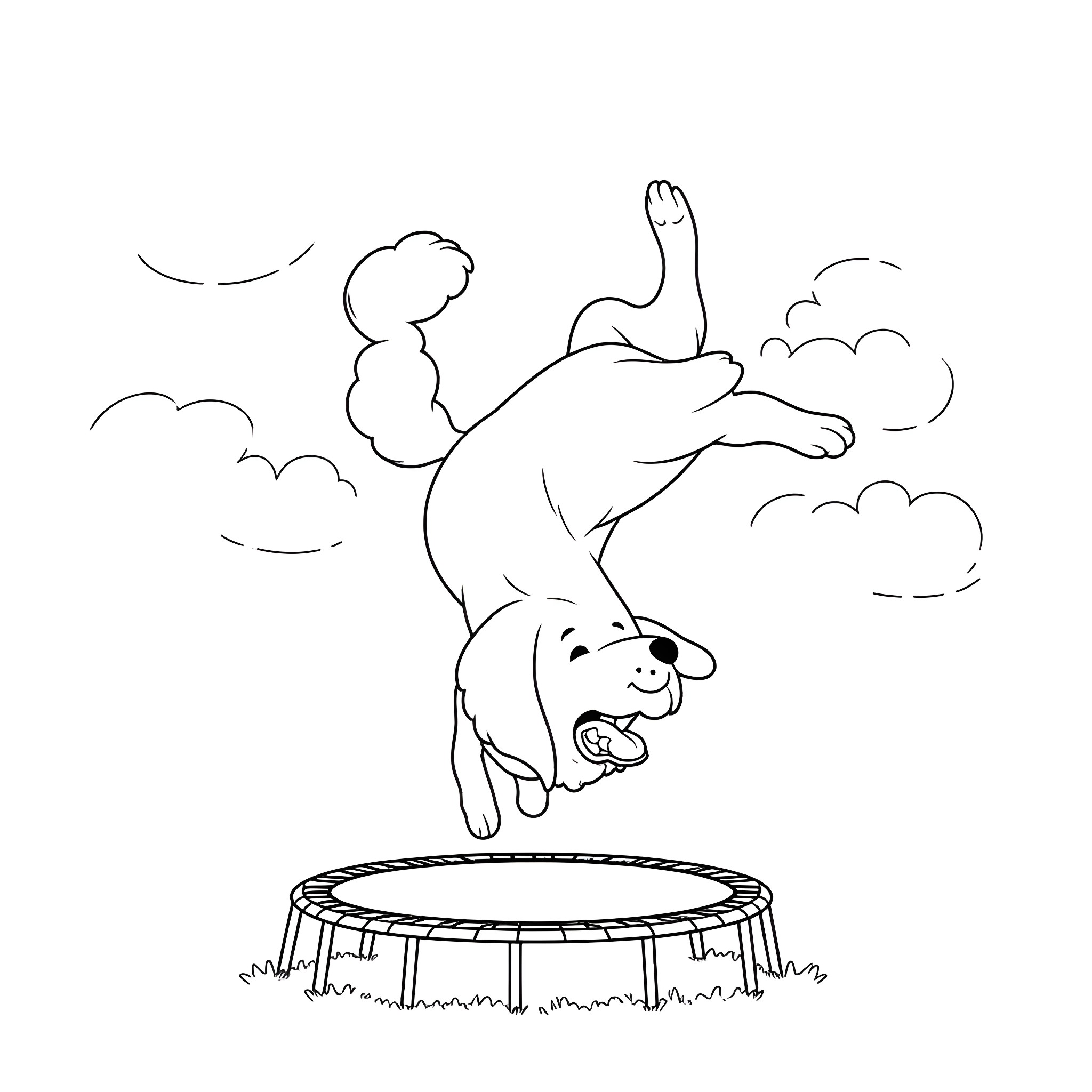 Dog jumping happily on trampoline Coloring Page (free black-and-white line drawing printable PDF for all, from beginners to advanced learners, including children, teens, adults, and seniors)