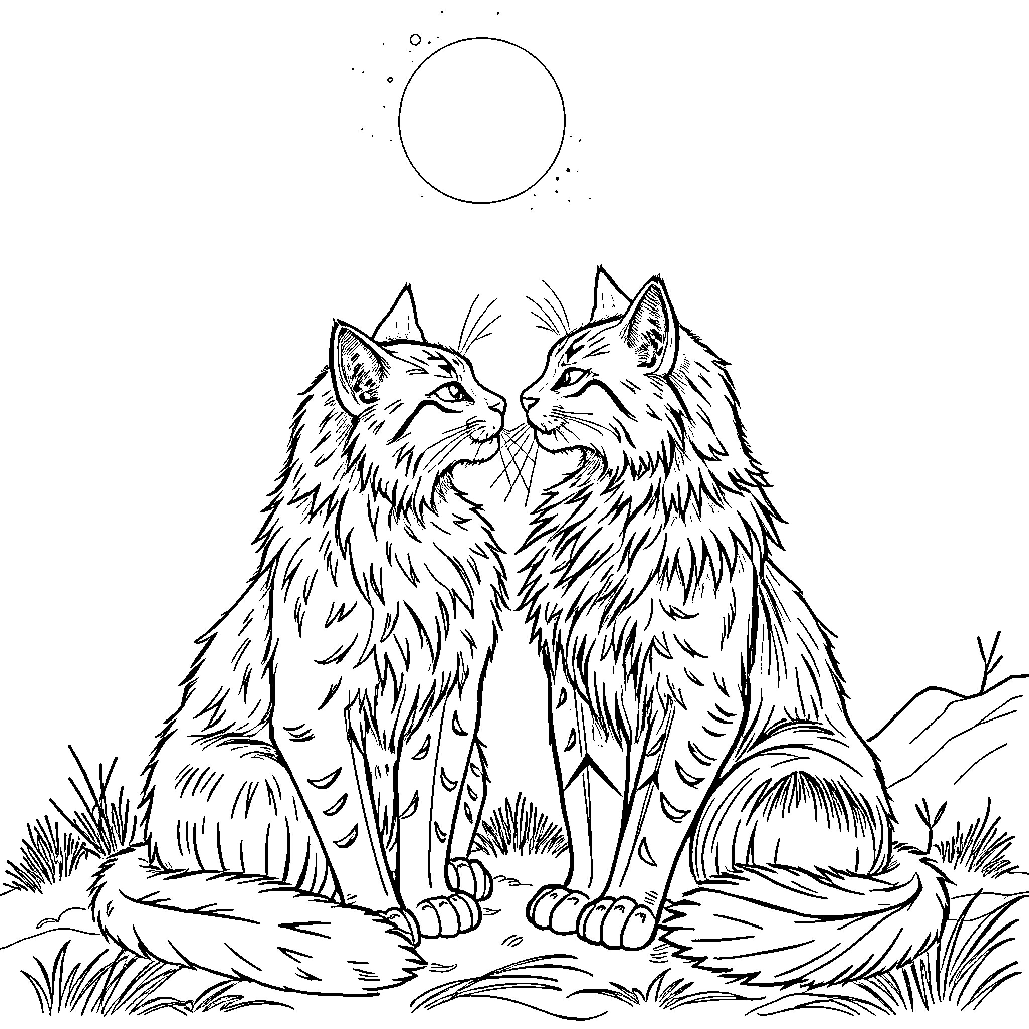 Cats gazing at the night sky Coloring Page (free black-and-white line drawing printable PDF for all, from beginners to advanced learners, including children, teens, adults, and seniors)