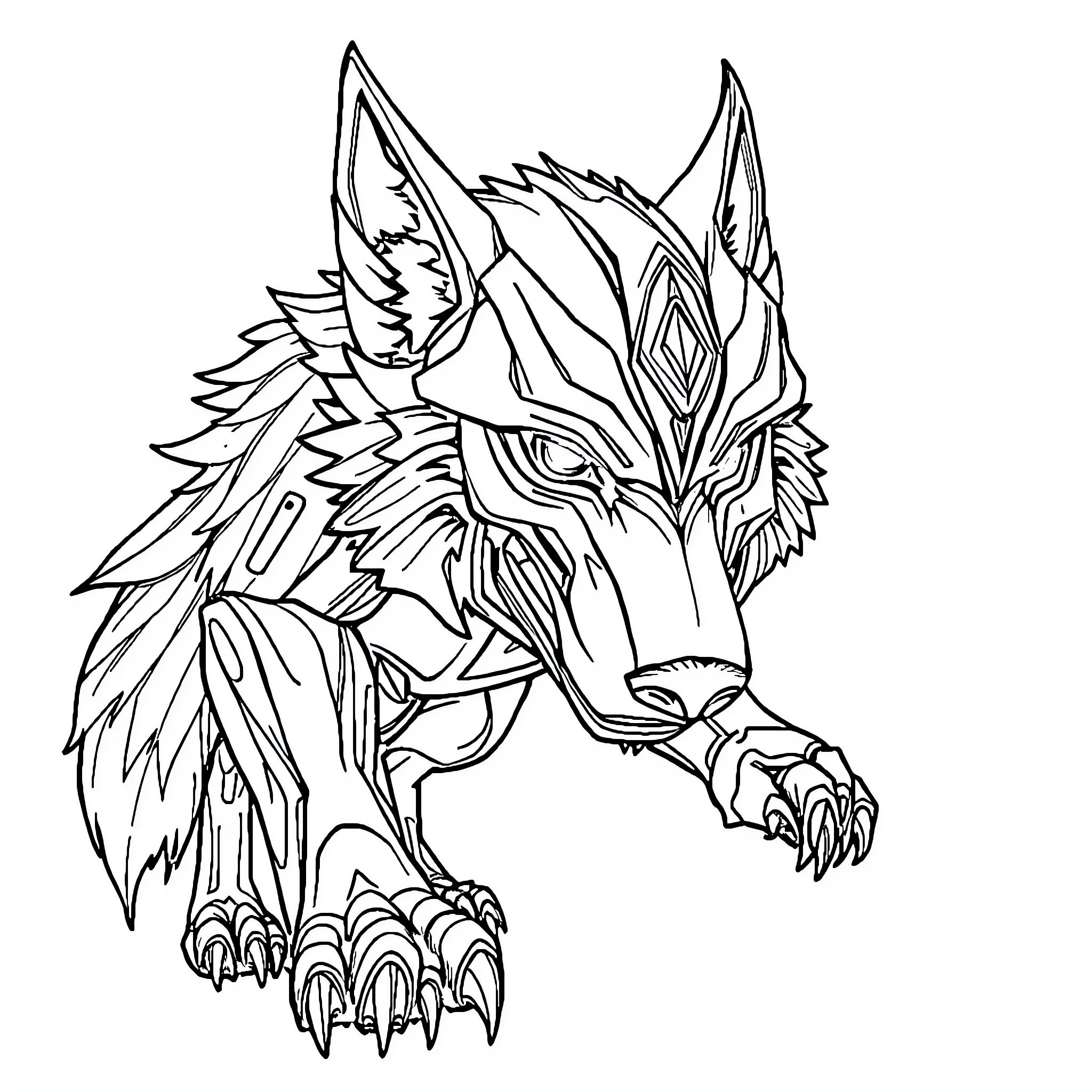 Transformer wolf with detailed features and claws Coloring Page (free black-and-white line drawing printable PDF for all, from beginners to advanced learners, including children, teens, adults, and seniors)