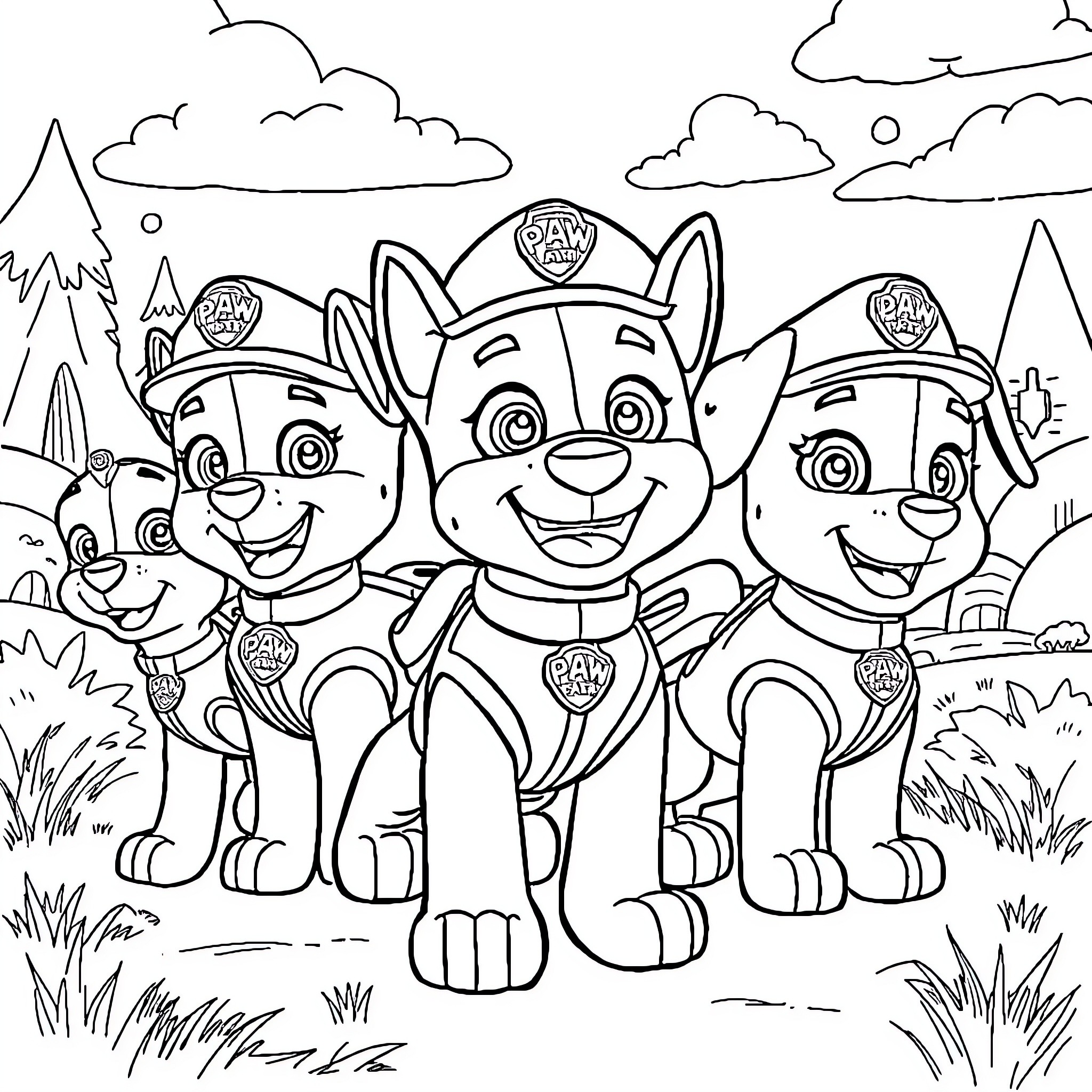 Paw Patrol pups ready for adventure Coloring Page (free black-and-white line drawing printable PDF for all, from beginners to advanced learners, including children, teens, adults, and seniors)