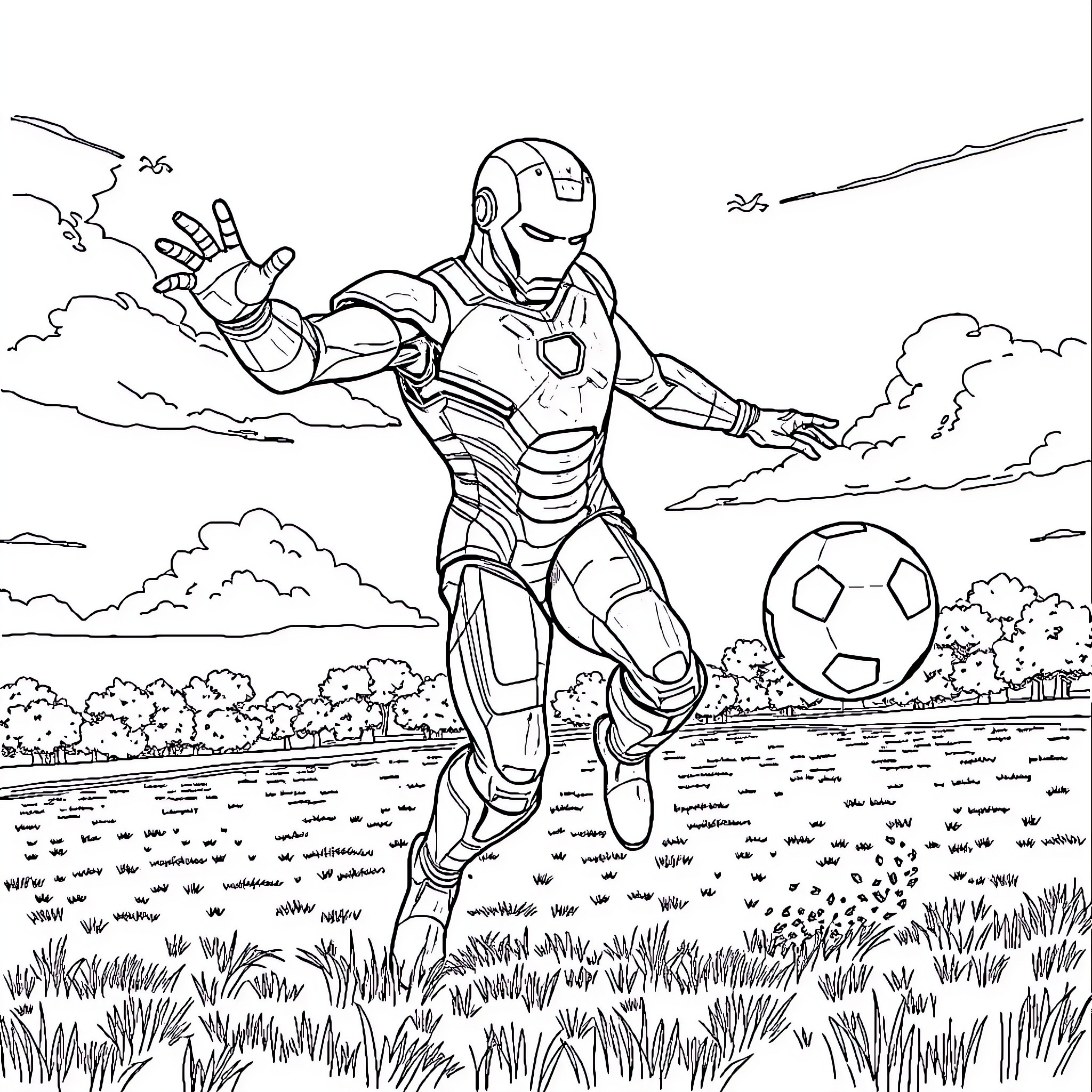 Iron Man playing with soccer ball in the park Coloring Page (free black-and-white line drawing printable PDF for all, from beginners to advanced learners, including children, teens, adults, and seniors)