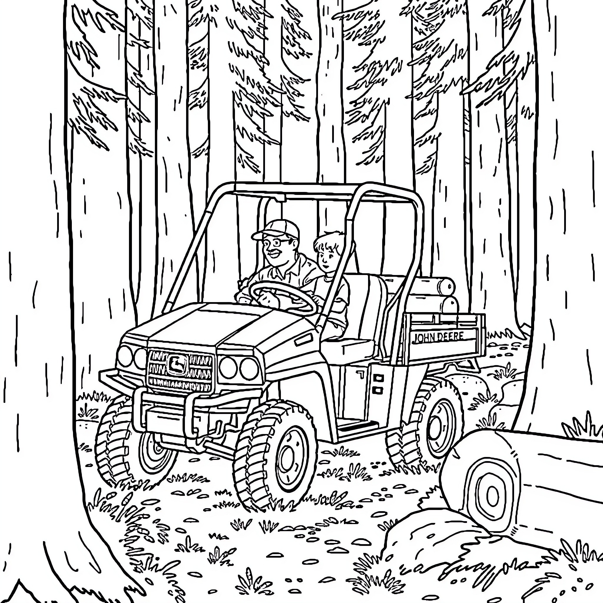 Gator exploring the forest in an off-road vehicle Coloring Page (free black-and-white line drawing printable PDF for all, from beginners to advanced learners, including children, teens, adults, and seniors)