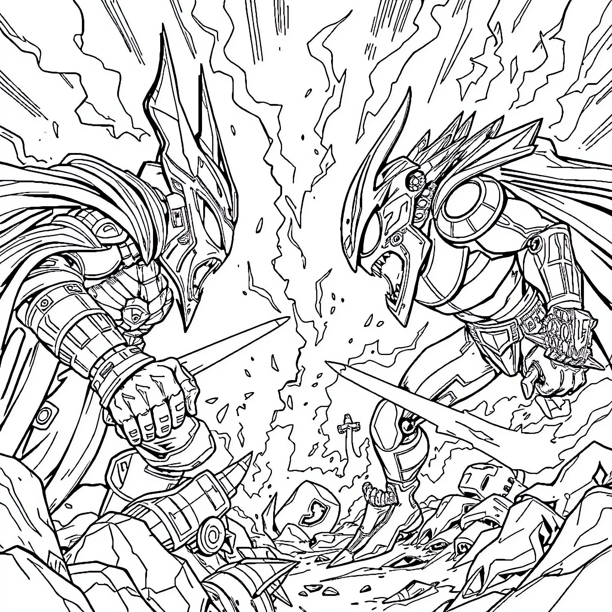 Lord Z's Epic Showdown of Mechanical Might Coloring Page (free black-and-white line drawing printable PDF for all, from beginners to advanced learners, including children, teens, adults, and seniors)