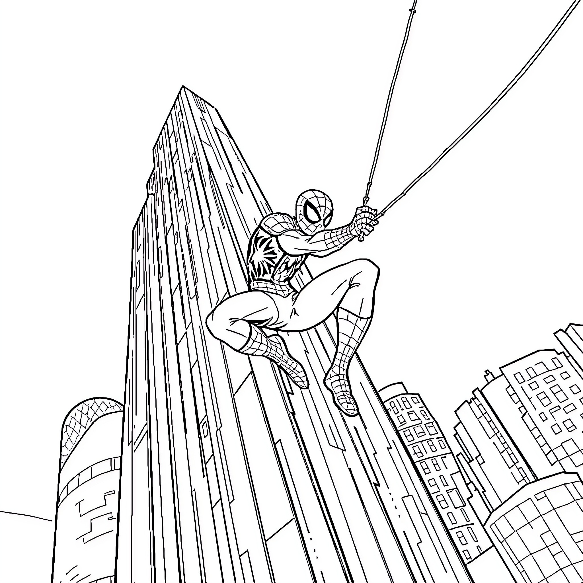 Spiderman swinging through the city skyline Coloring Page (free black-and-white line drawing printable PDF for all, from beginners to advanced learners, including children, teens, adults, and seniors)