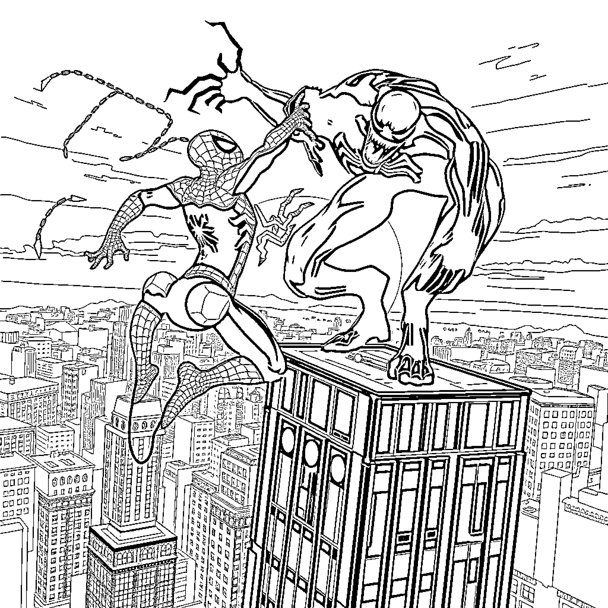 Spider-Man battling a sinister villain on the city skyline Coloring Page (free black-and-white line drawing printable PDF for all, from beginners to advanced learners, including children, teens, adults, and seniors)