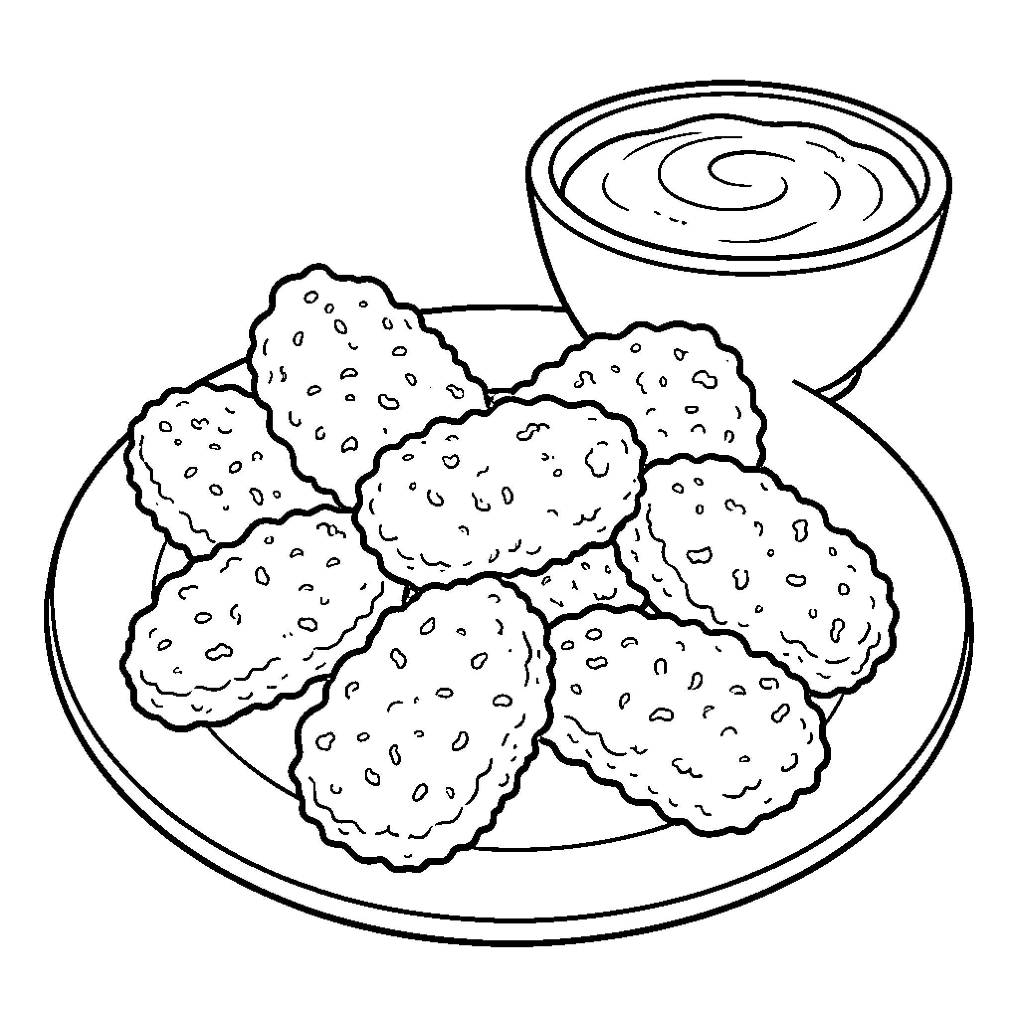 McNugget pieces served on a plate with dipping sauce Coloring Page (free black-and-white line drawing printable PDF for all, from beginners to advanced learners, including children, teens, adults, and seniors)