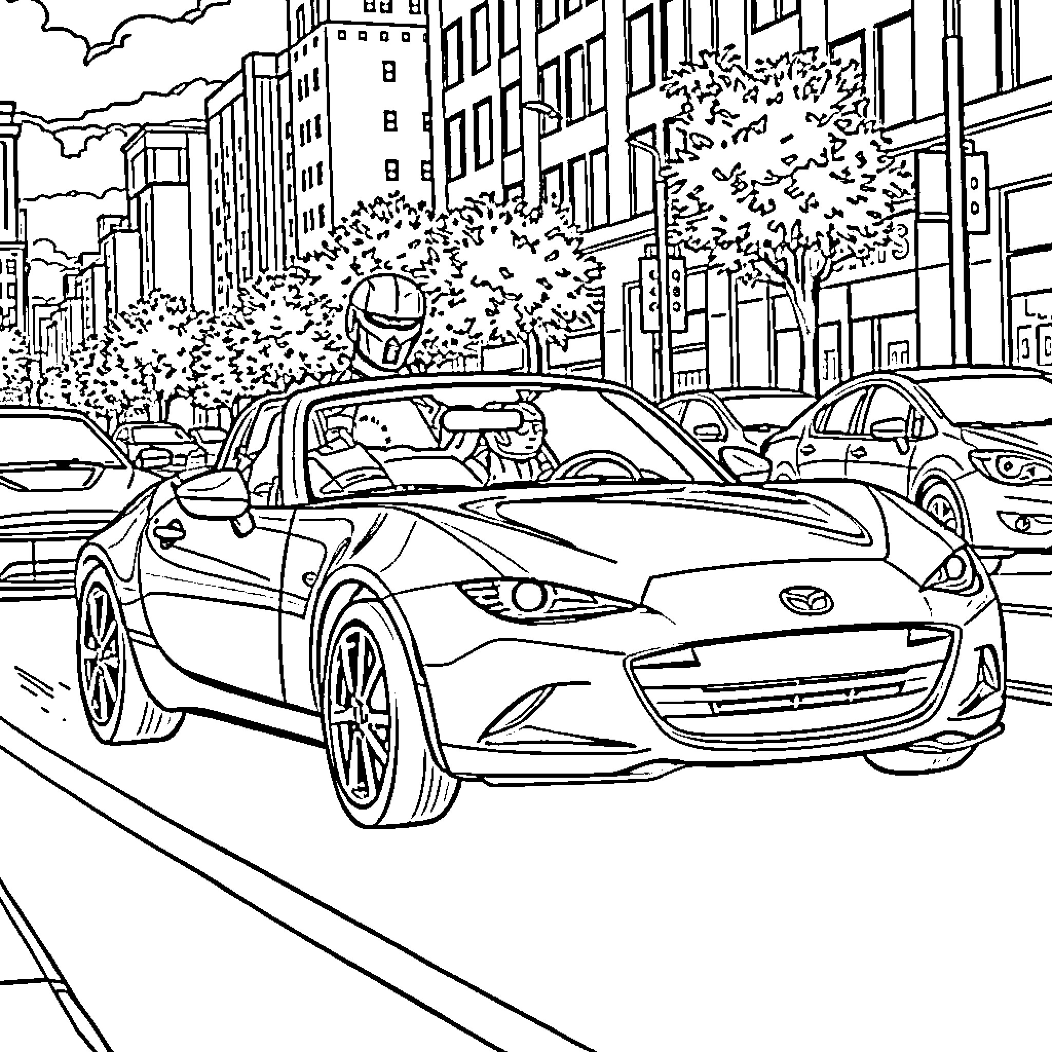 Robocop's Ride: Sleek Car in Bustling City Coloring Page (free black-and-white line drawing printable PDF for all, from beginners to advanced learners, including children, teens, adults, and seniors)