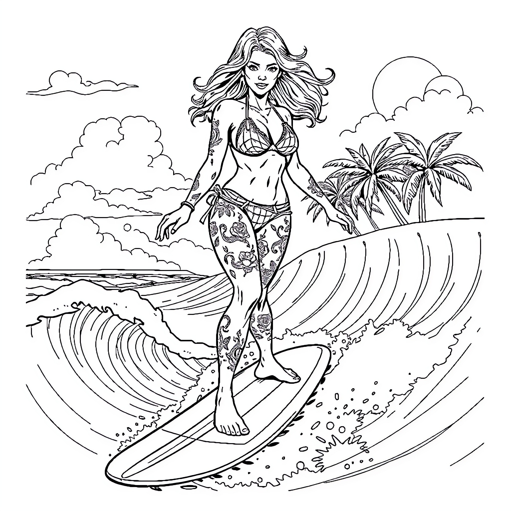 Woman surfing amidst crashing waves and palm trees Coloring Page (free black-and-white line drawing printable PDF for all, from beginners to advanced learners, including children, teens, adults, and seniors)