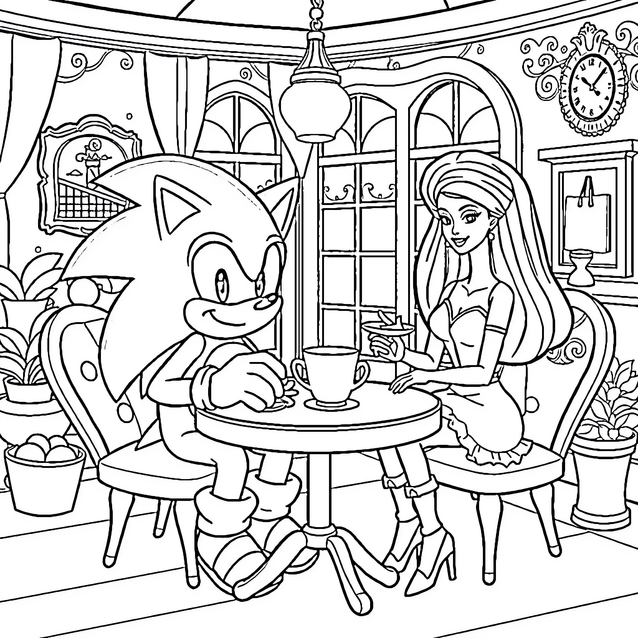 Sonic Enjoying Cozy Cafe with Companion Coloring Page (free black-and-white line drawing printable PDF for all, from beginners to advanced learners, including children, teens, adults, and seniors)