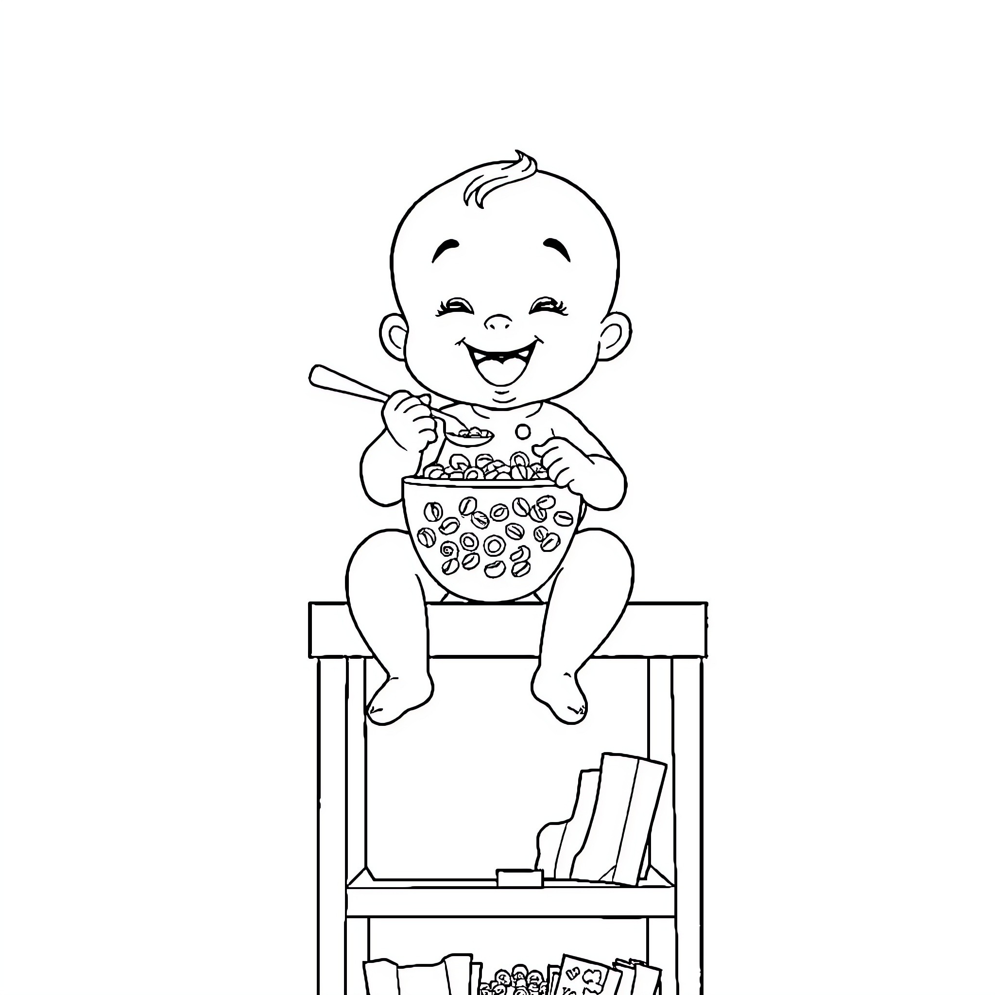 Baby sitting on a shelf with toys Coloring Page (free black-and-white line drawing printable PDF for all, from beginners to advanced learners, including children, teens, adults, and seniors)