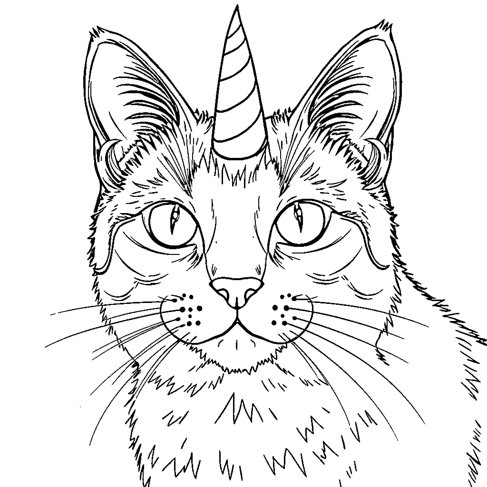 Unicorn Cat with Curious Expression Coloring Page (free black-and-white line drawing printable PDF for all, from beginners to advanced learners, including children, teens, adults, and seniors)
