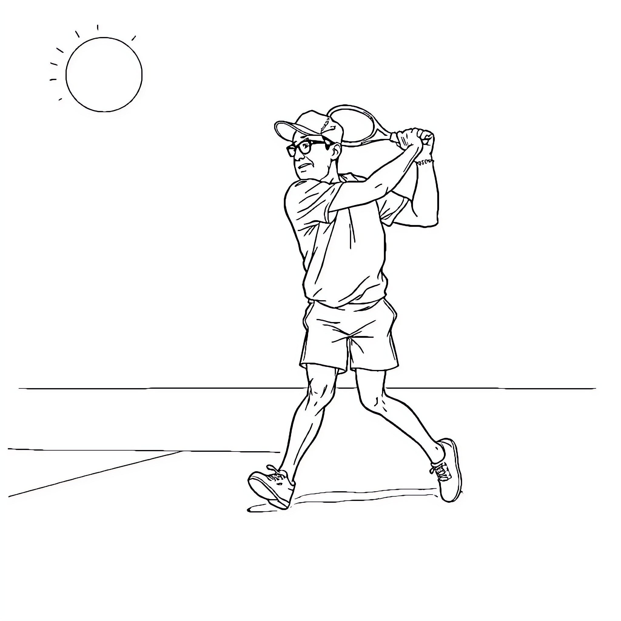 Hank Hill running in the sun Coloring Page (free black-and-white line drawing printable PDF for all, from beginners to advanced learners, including children, teens, adults, and seniors)