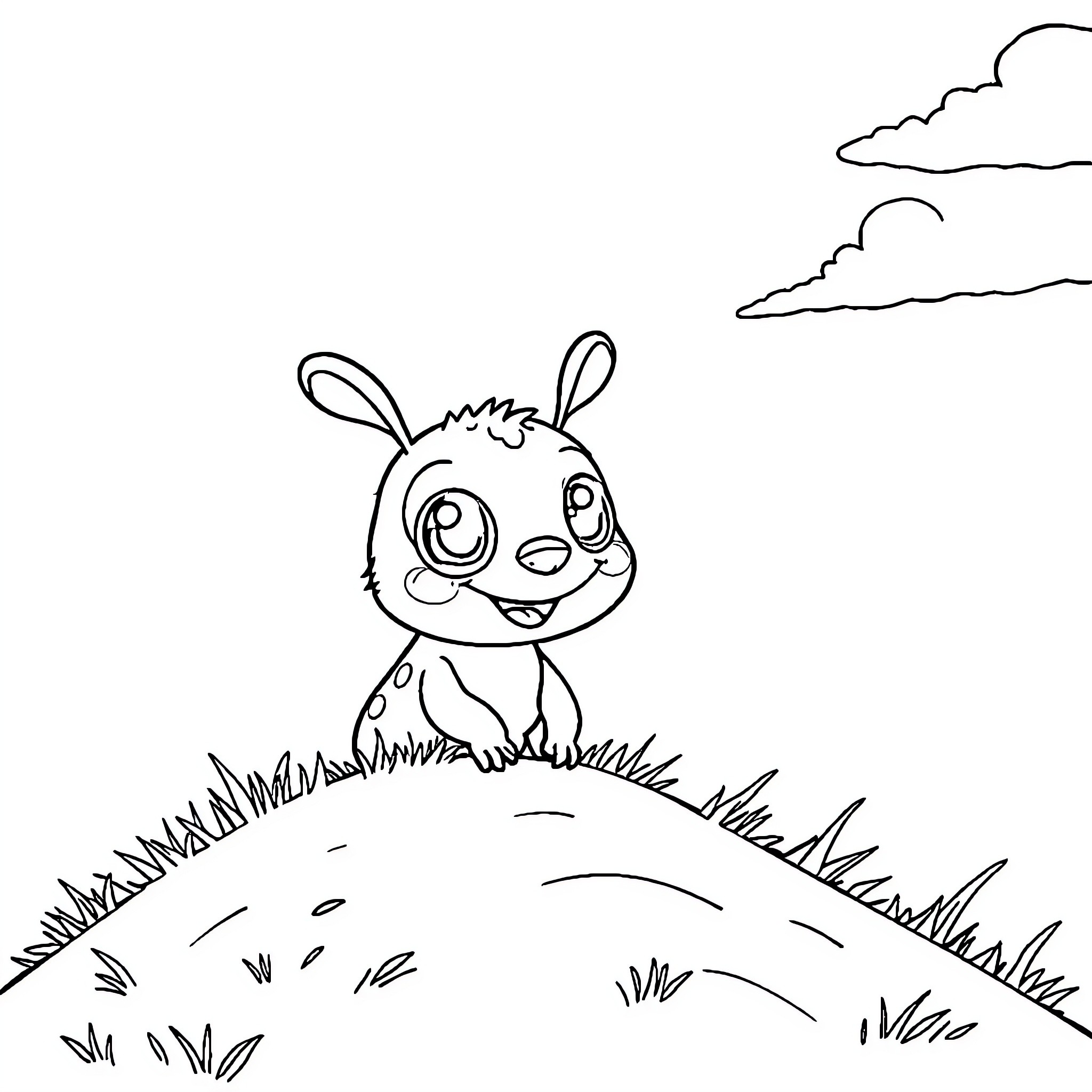 Dugling creature playing in the grassy field Coloring Page (free black-and-white line drawing printable PDF for all, from beginners to advanced learners, including children, teens, adults, and seniors)