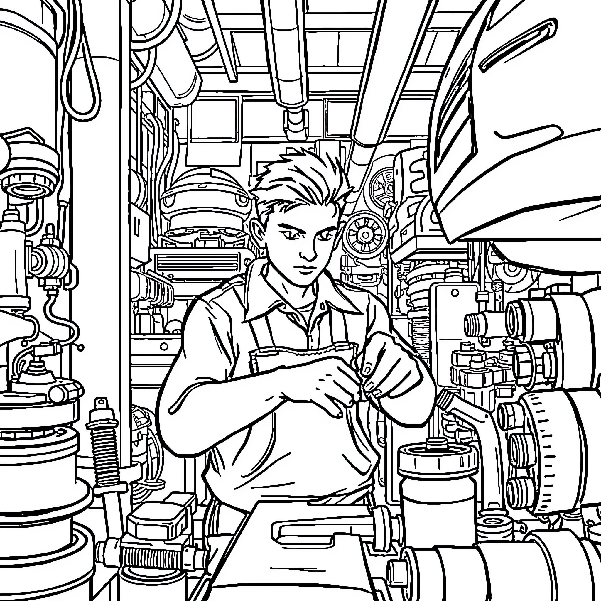 Mechanic Repairing Machinery in Workshop Coloring Page (free black-and-white line drawing printable PDF for all, from beginners to advanced learners, including children, teens, adults, and seniors)