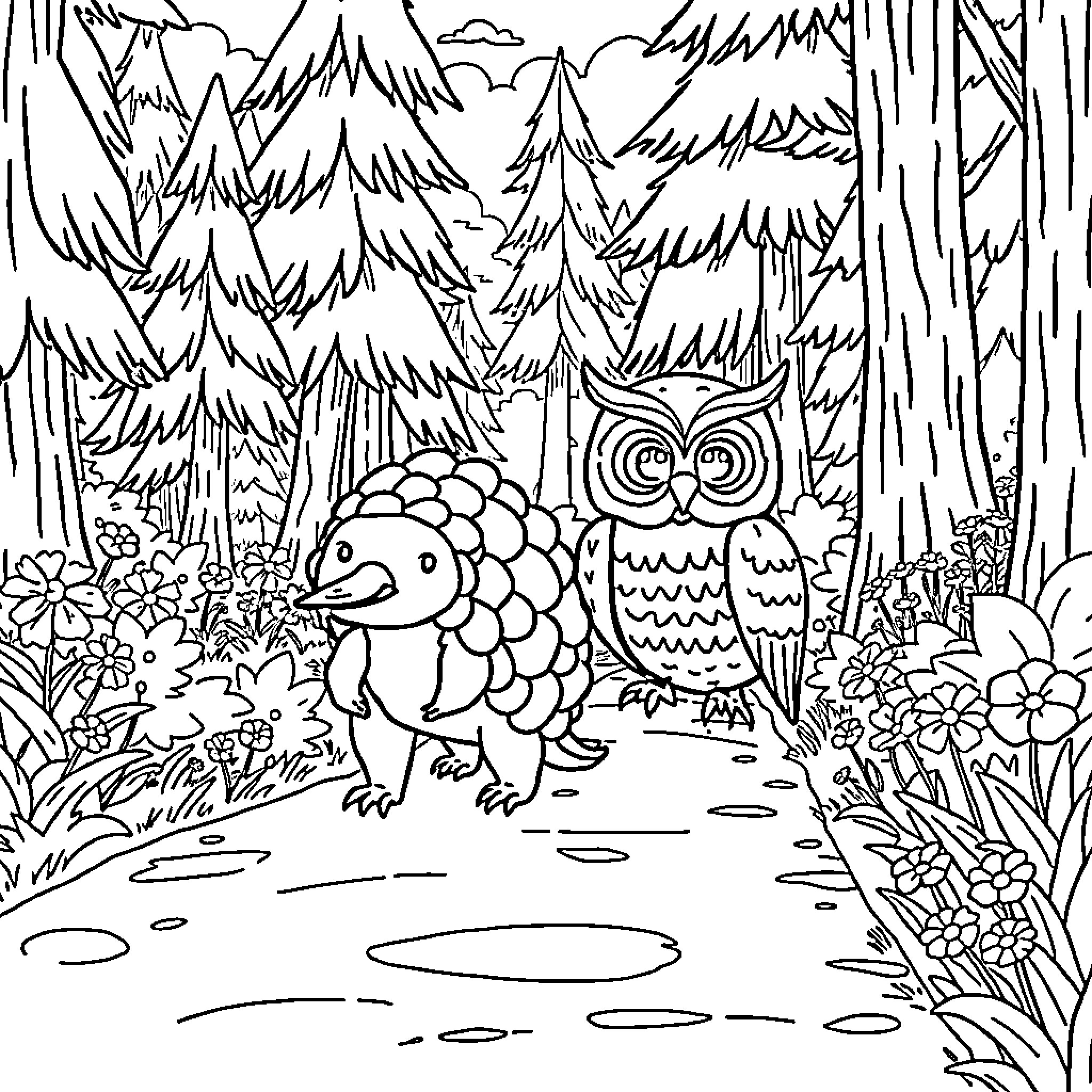 Pangolin exploring the enchanted forest Coloring Page (free black-and-white line drawing printable PDF for all, from beginners to advanced learners, including children, teens, adults, and seniors)