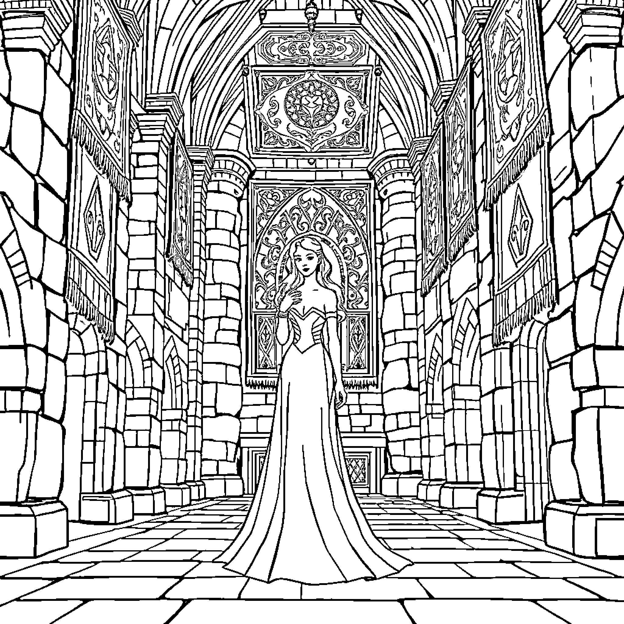 Lady in Elegant Dress within Ornate Castle Hallway Coloring Page (free black-and-white line drawing printable PDF for all, from beginners to advanced learners, including children, teens, adults, and seniors)