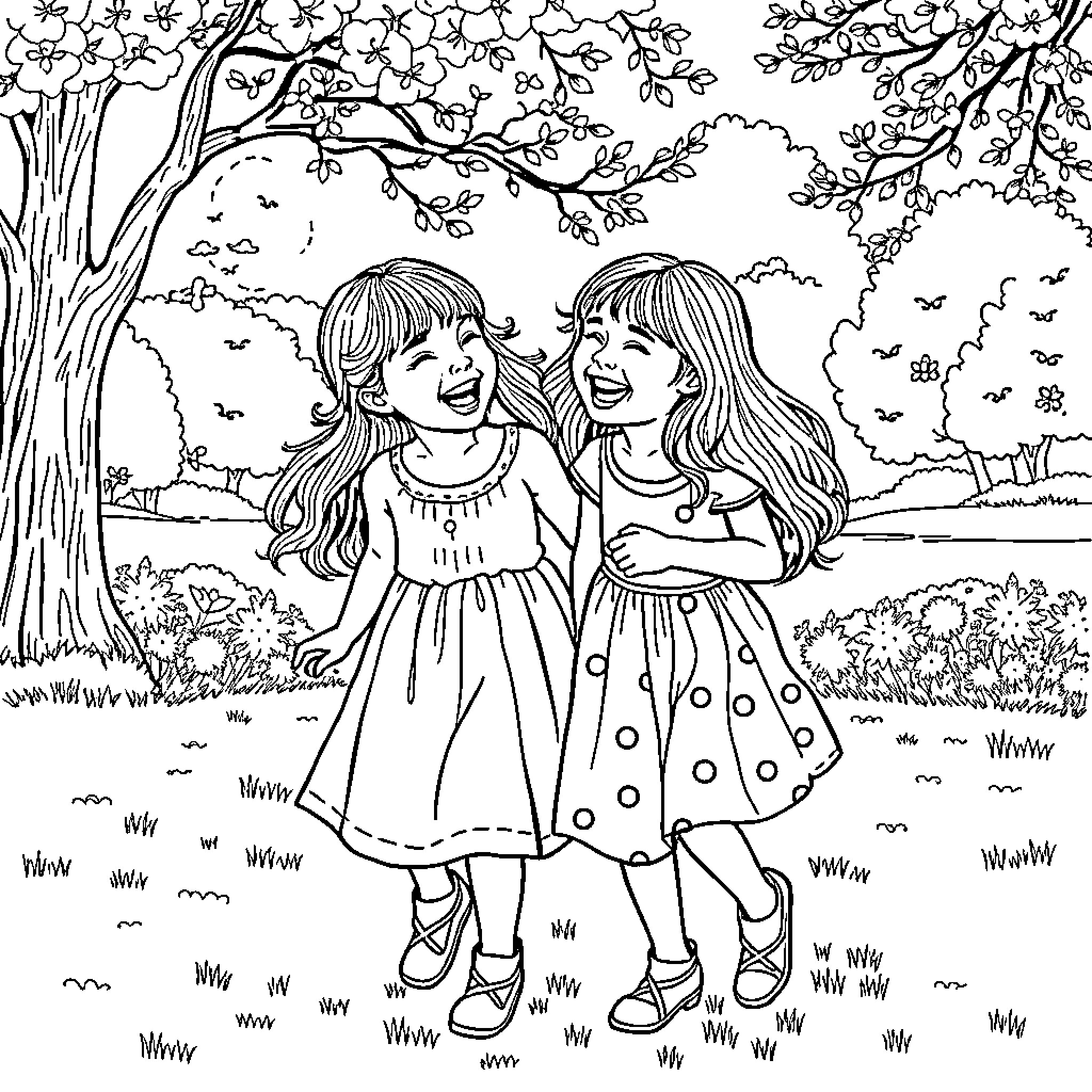 Sister's Joyful Playtime in Nature Coloring Page (free black-and-white line drawing printable PDF for all, from beginners to advanced learners, including children, teens, adults, and seniors)