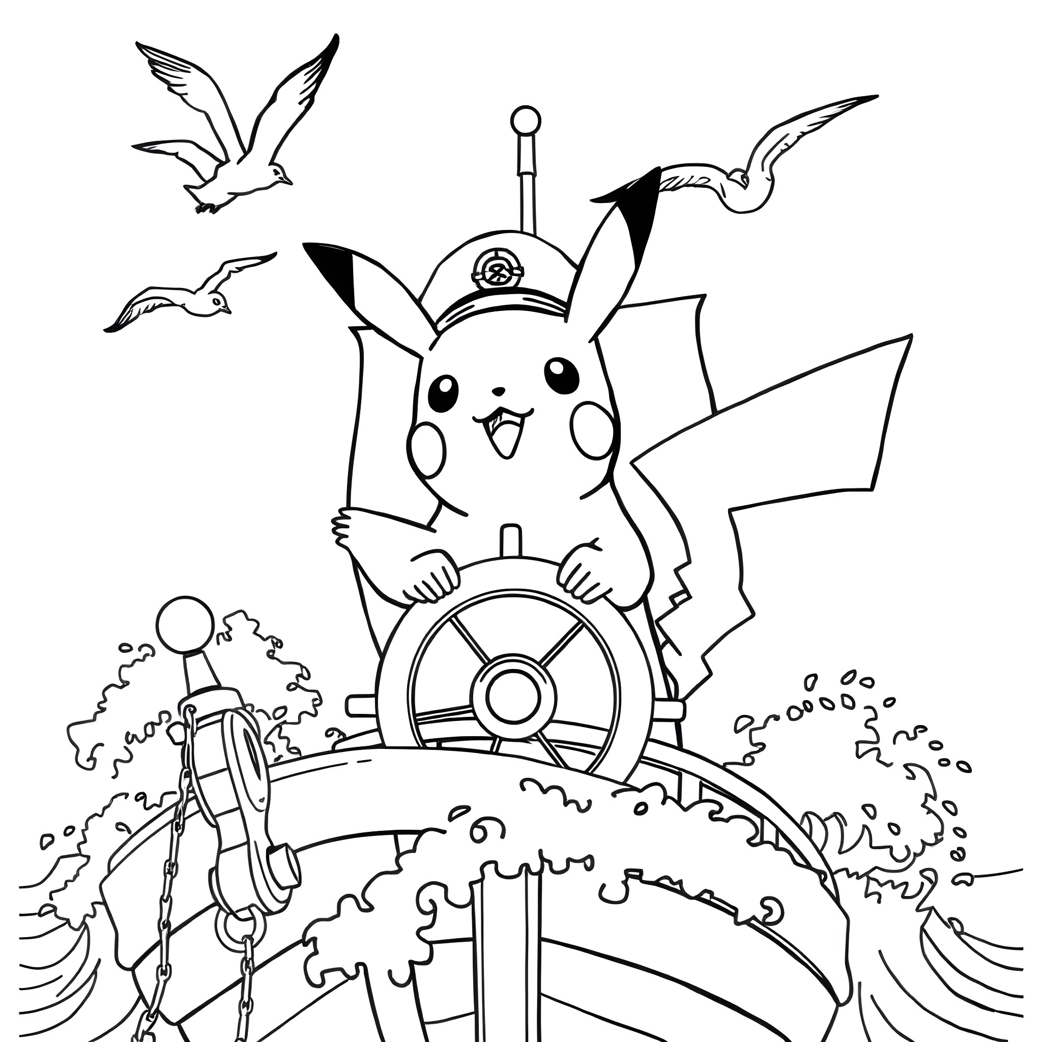 Pikachu sailing the high seas Coloring Page (free black-and-white line drawing printable PDF for all, from beginners to advanced learners, including children, teens, adults, and seniors)