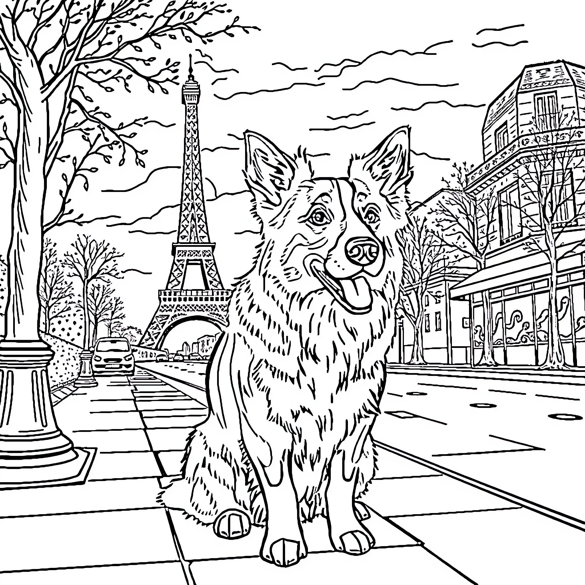 Border Collie exploring the streets of Paris Coloring Page (free black-and-white line drawing printable PDF for all, from beginners to advanced learners, including children, teens, adults, and seniors)
