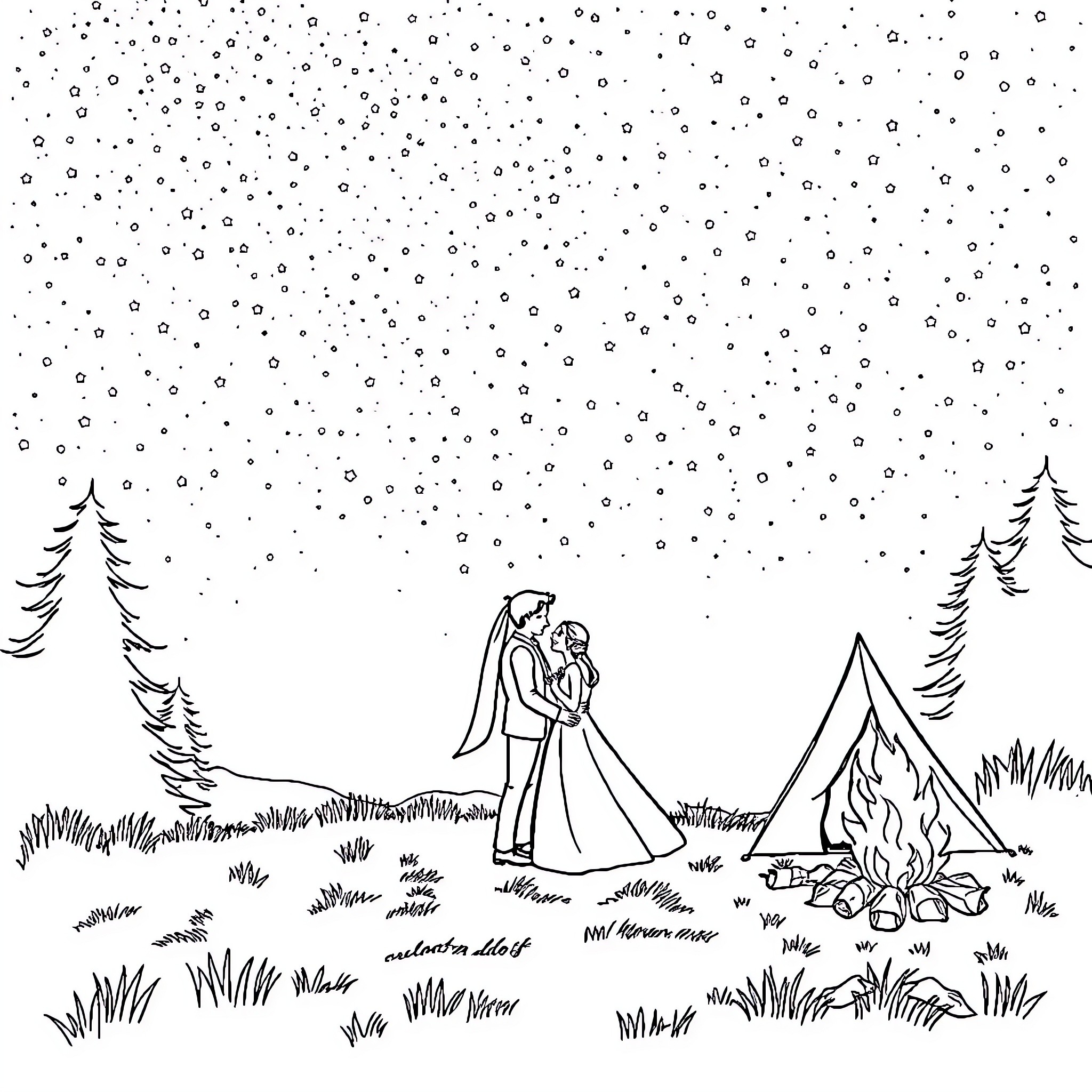 Bride and Groom Embrace in Snowy Outdoor Scene Coloring Page (free black-and-white line drawing printable PDF for all, from beginners to advanced learners, including children, teens, adults, and seniors)