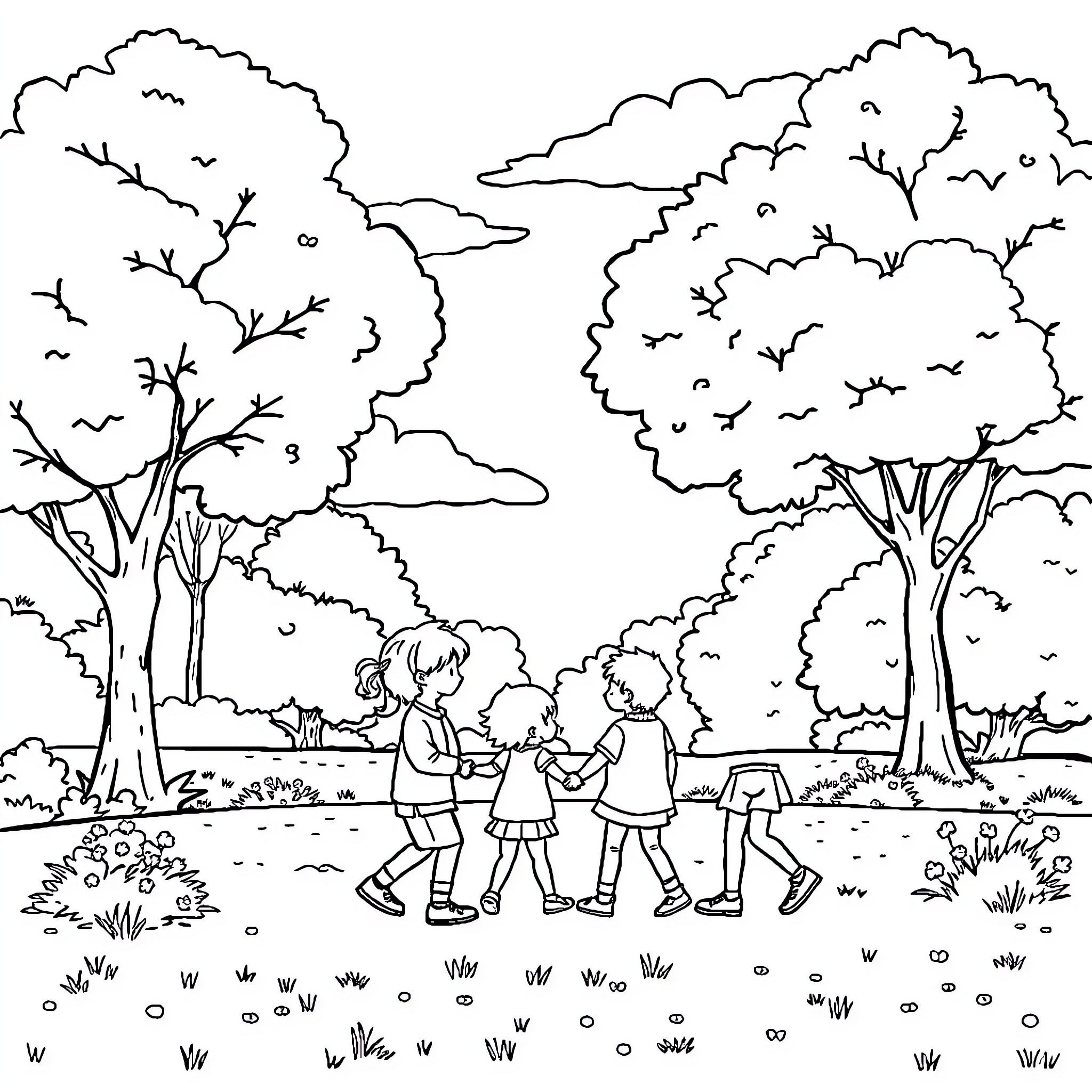 Children exploring the outdoor scenery together Coloring Page (free black-and-white line drawing printable PDF for all, from beginners to advanced learners, including children, teens, adults, and seniors)