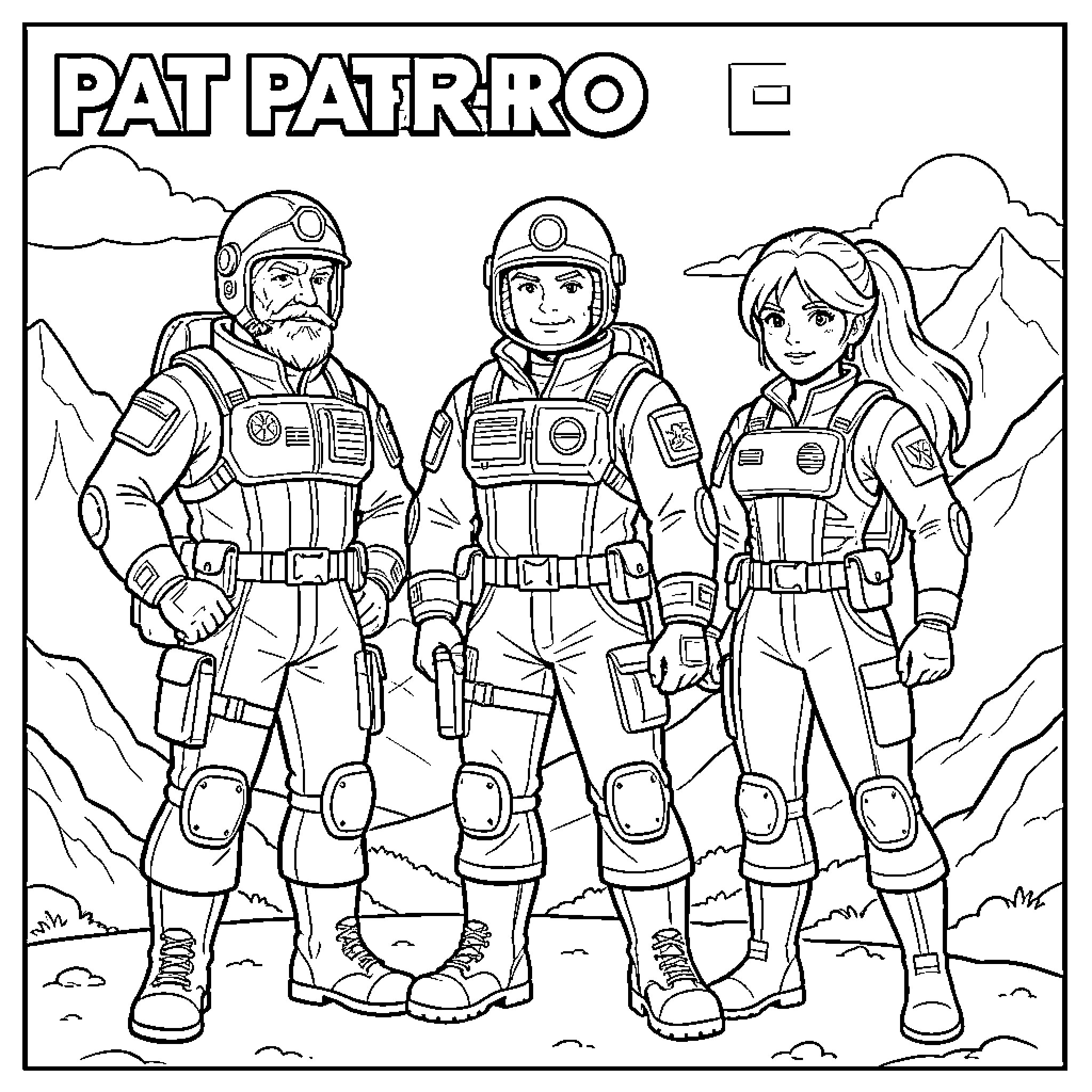 Pat Patrouille characters standing together in space suits Coloring Page (free black-and-white line drawing printable PDF for all, from beginners to advanced learners, including children, teens, adults, and seniors)