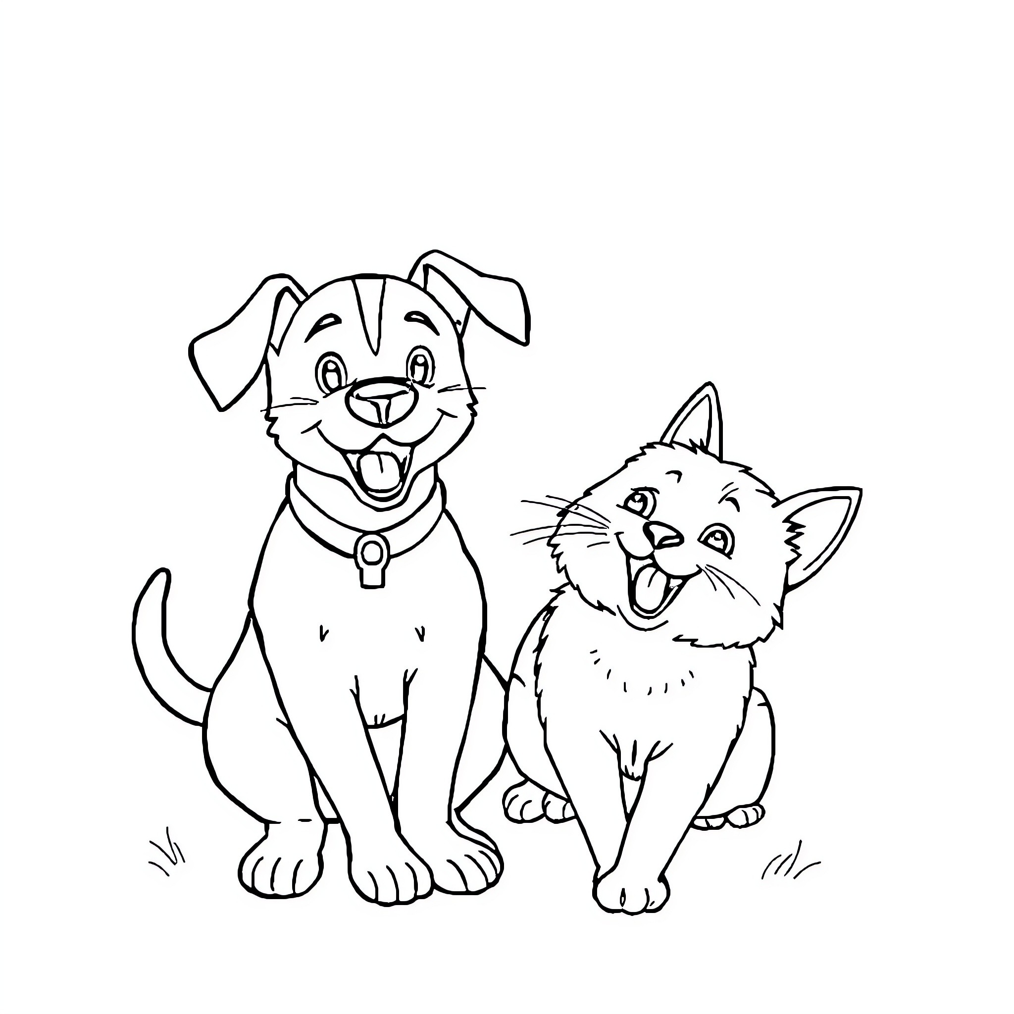 Cat and Dog playing happily together Coloring Page (free black-and-white line drawing printable PDF for all, from beginners to advanced learners, including children, teens, adults, and seniors)