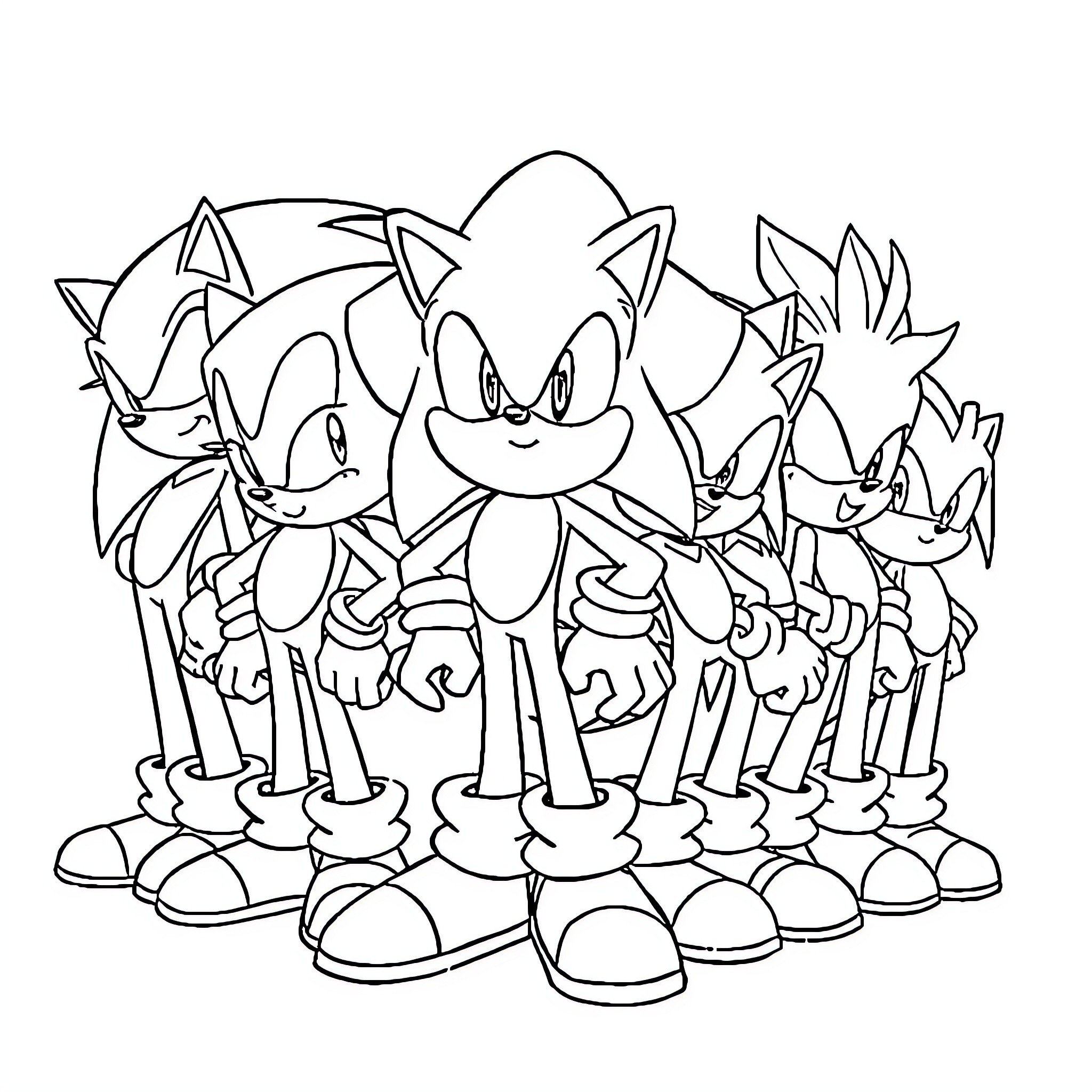 Sonic characters in dynamic poses Coloring Page (free black-and-white line drawing printable PDF for all, from beginners to advanced learners, including children, teens, adults, and seniors)