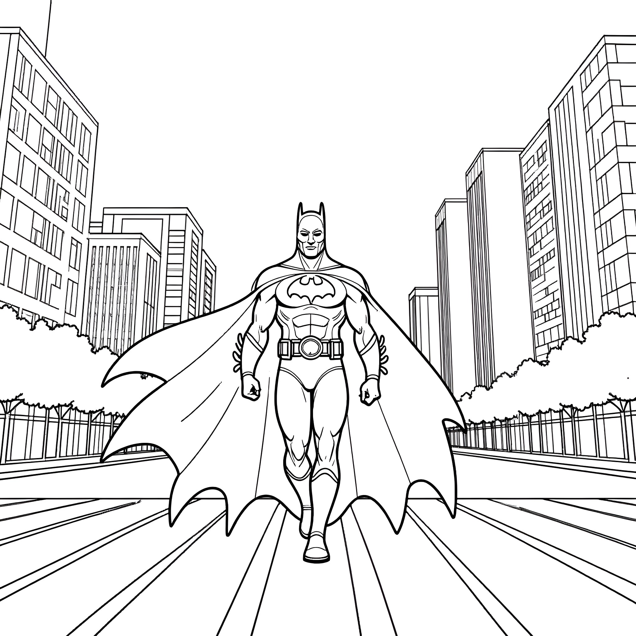Batman Heroically Patrolling the City Streets Coloring Page (free black-and-white line drawing printable PDF for all, from beginners to advanced learners, including children, teens, adults, and seniors)