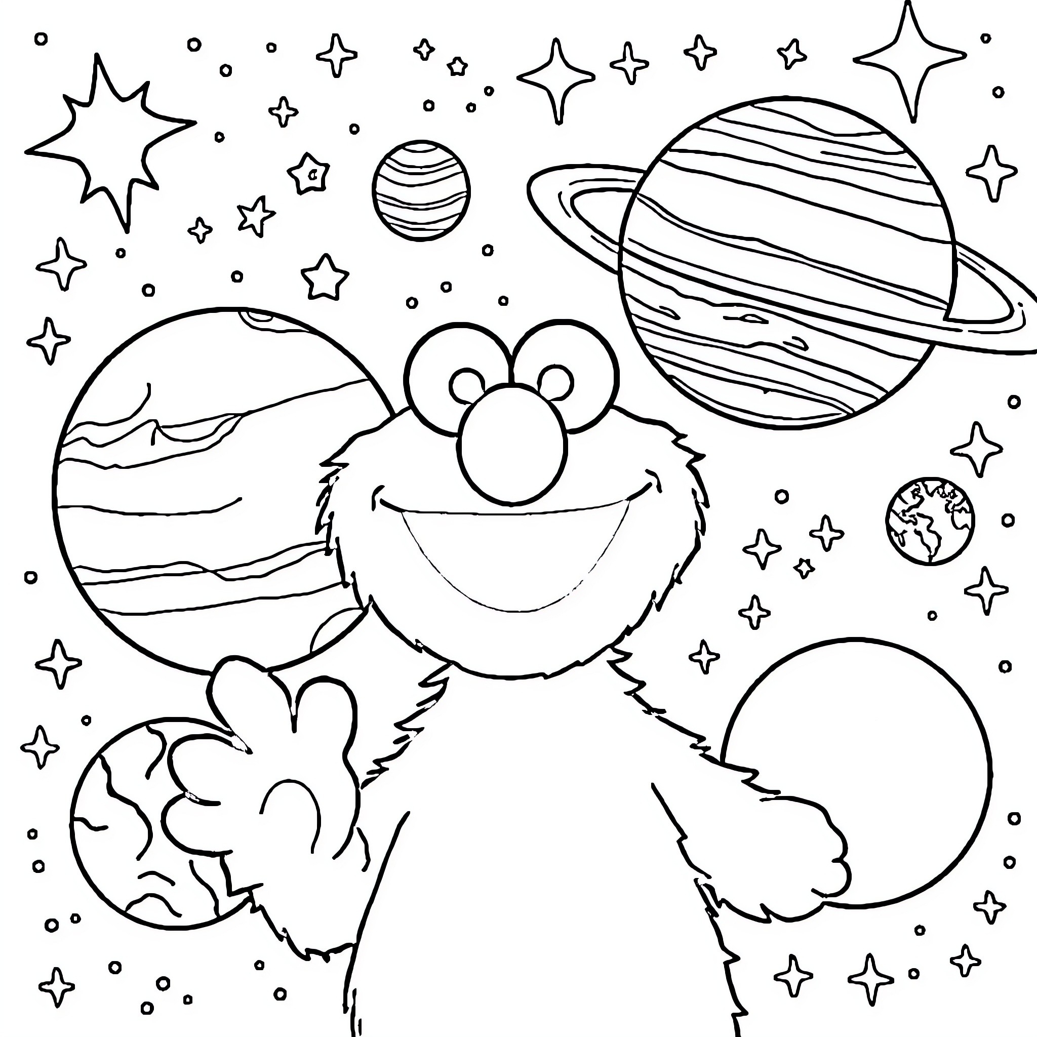 Elmo enjoying the cosmic space scene Coloring Page (free black-and-white line drawing printable PDF for all, from beginners to advanced learners, including children, teens, adults, and seniors)
