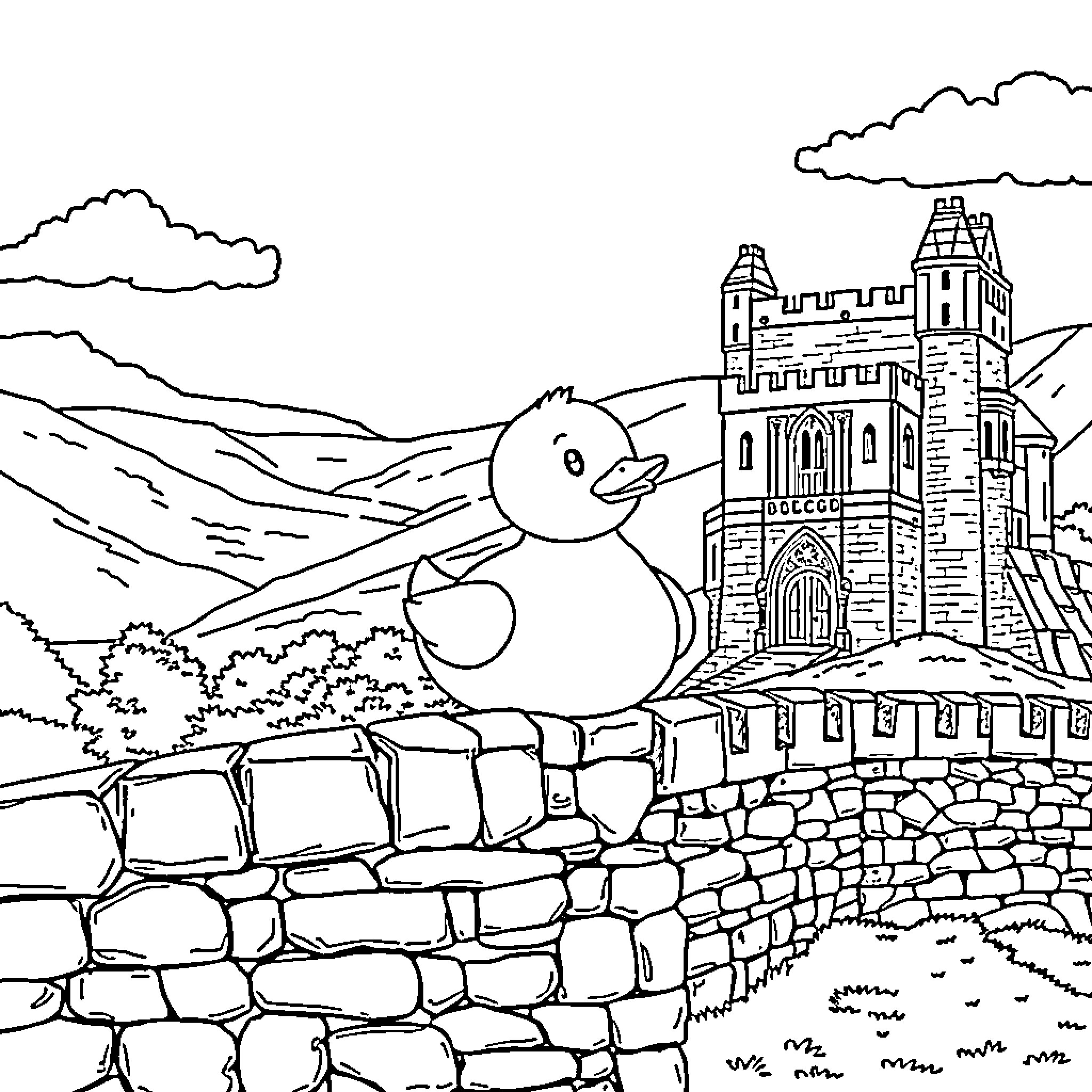 Rubber Duck exploring the castle landscape Coloring Page (free black-and-white line drawing printable PDF for all, from beginners to advanced learners, including children, teens, adults, and seniors)