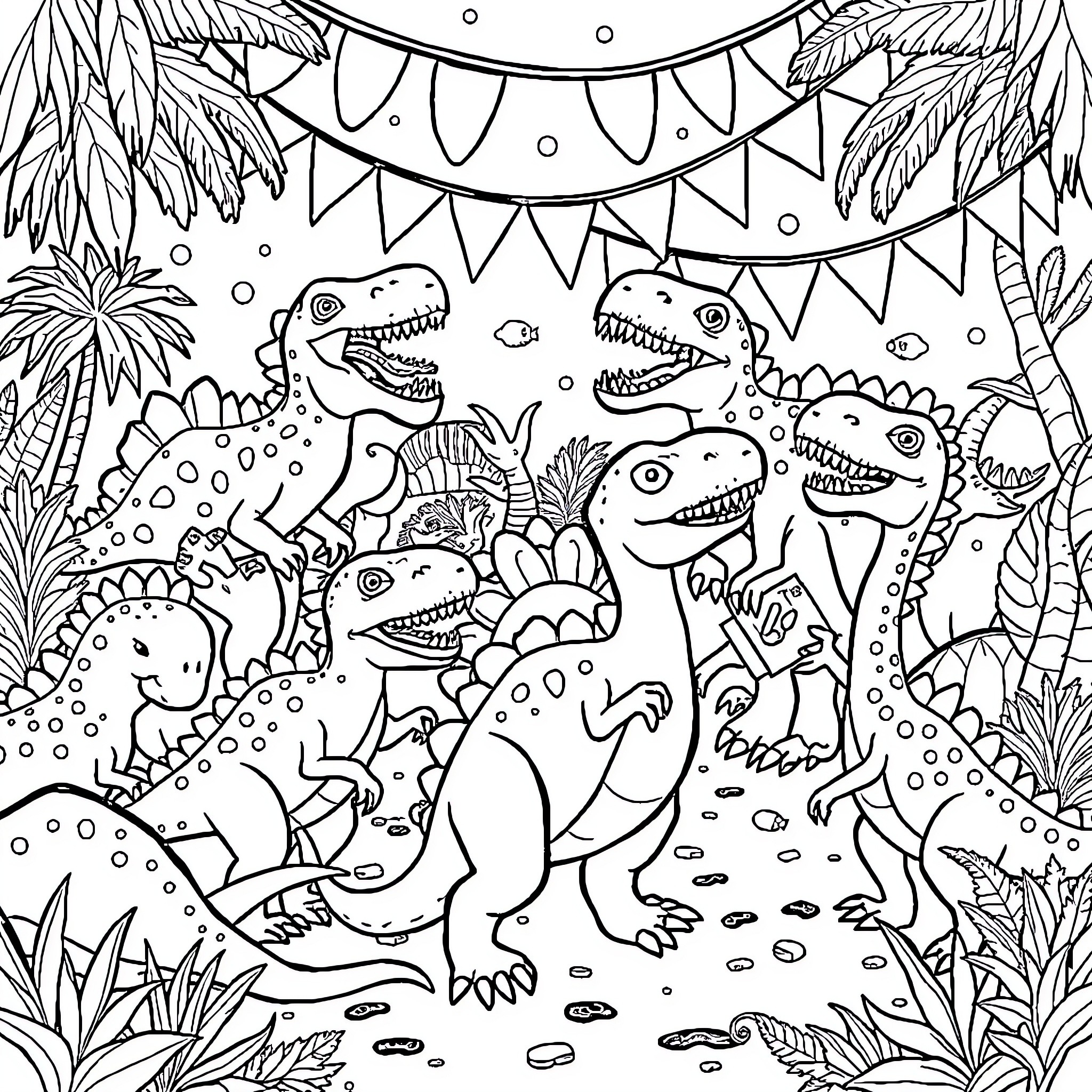 Dinosaur party with festive decorations Coloring Page (free black-and-white line drawing printable PDF for all, from beginners to advanced learners, including children, teens, adults, and seniors)